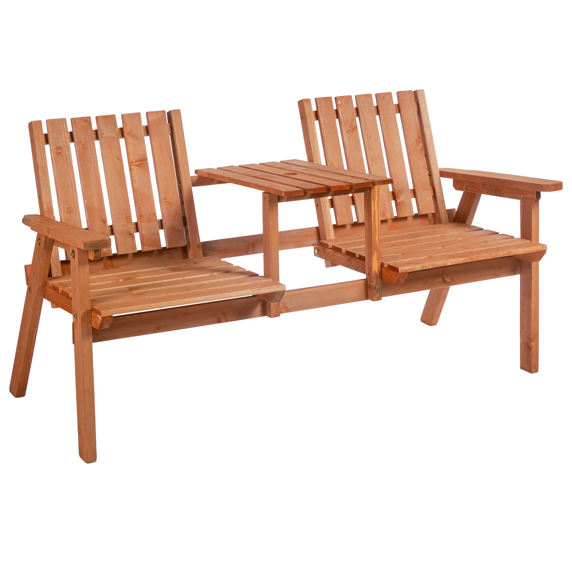 Garden Bench with Middle Table & Umbrella Hole, 2-Seater Wooden Bench, Slat Design, Orange - Image 12