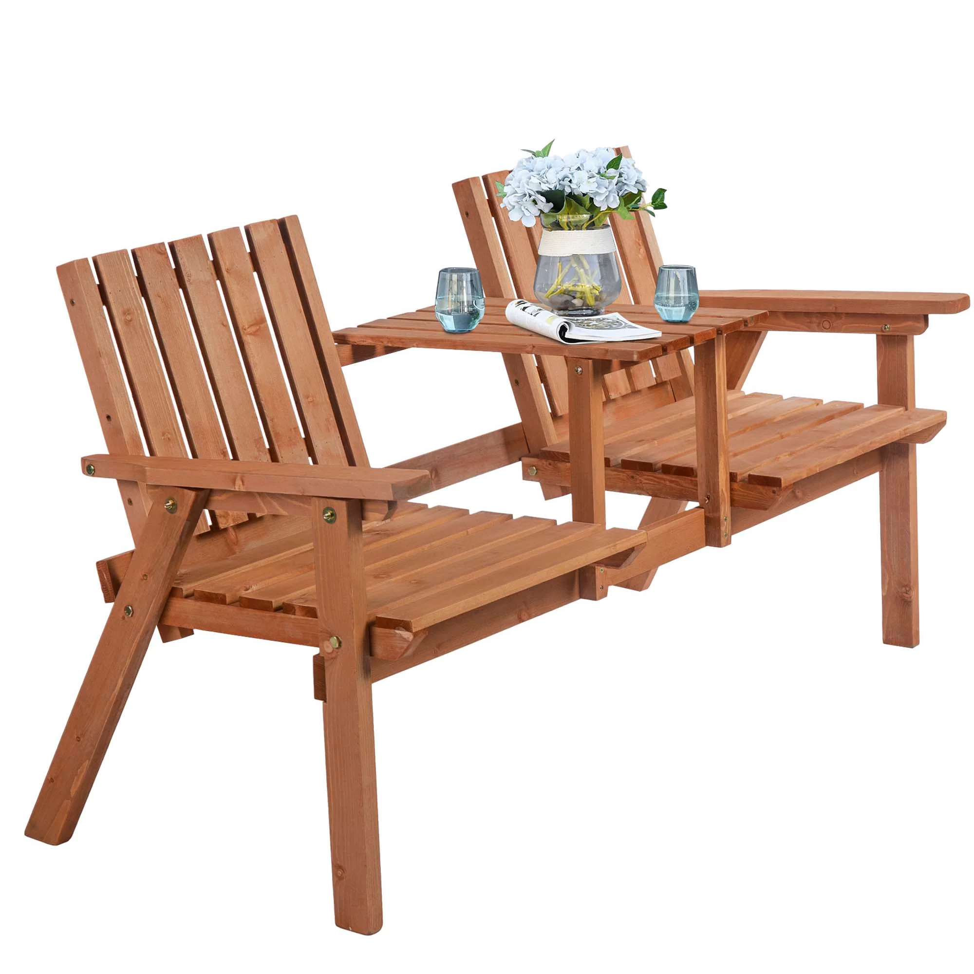 Garden Bench with Middle Table & Umbrella Hole, 2-Seater Wooden Bench, Slat Design, Orange - Image 2