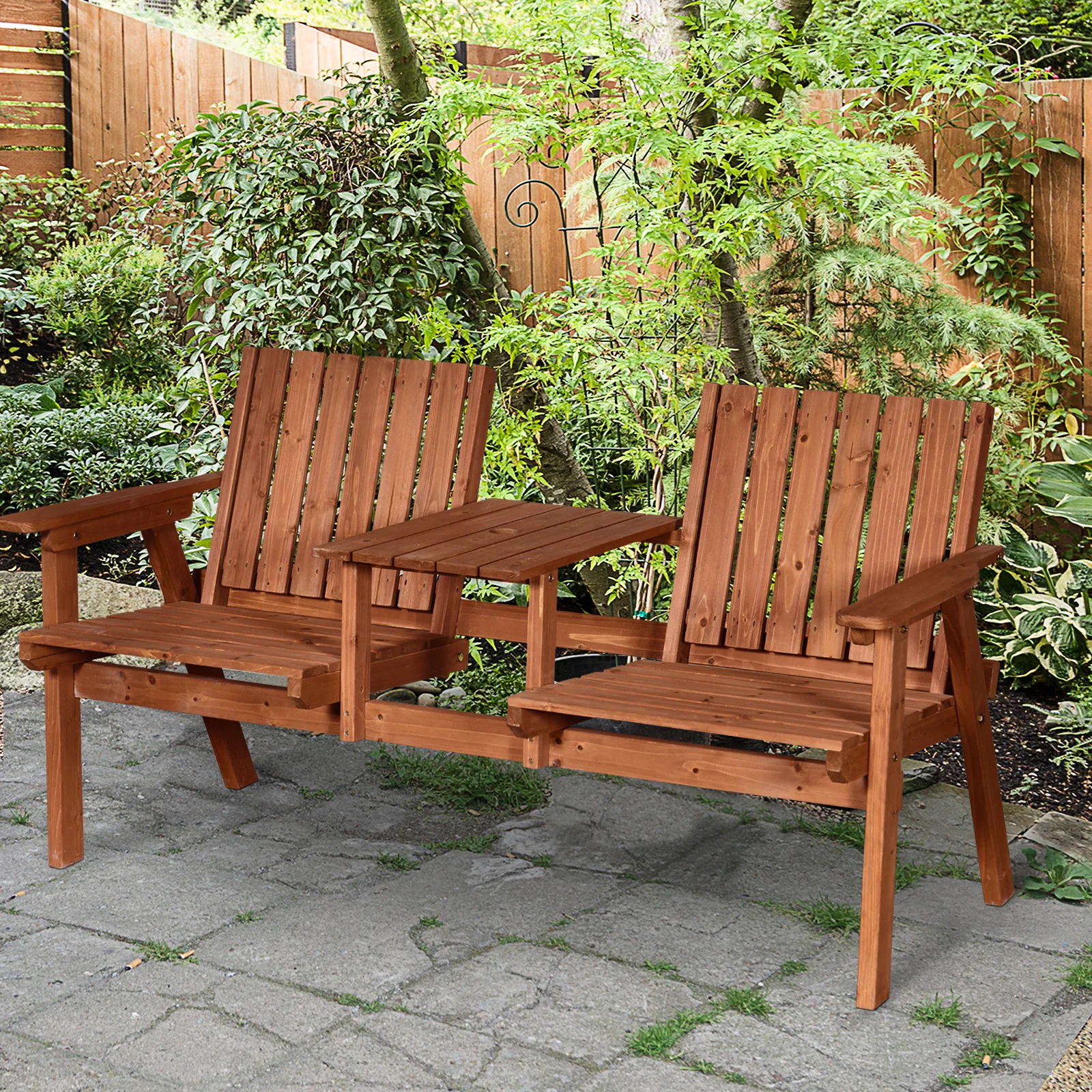 Garden Bench with Middle Table & Umbrella Hole, 2-Seater Wooden Bench, Slat Design, Orange - Image 3
