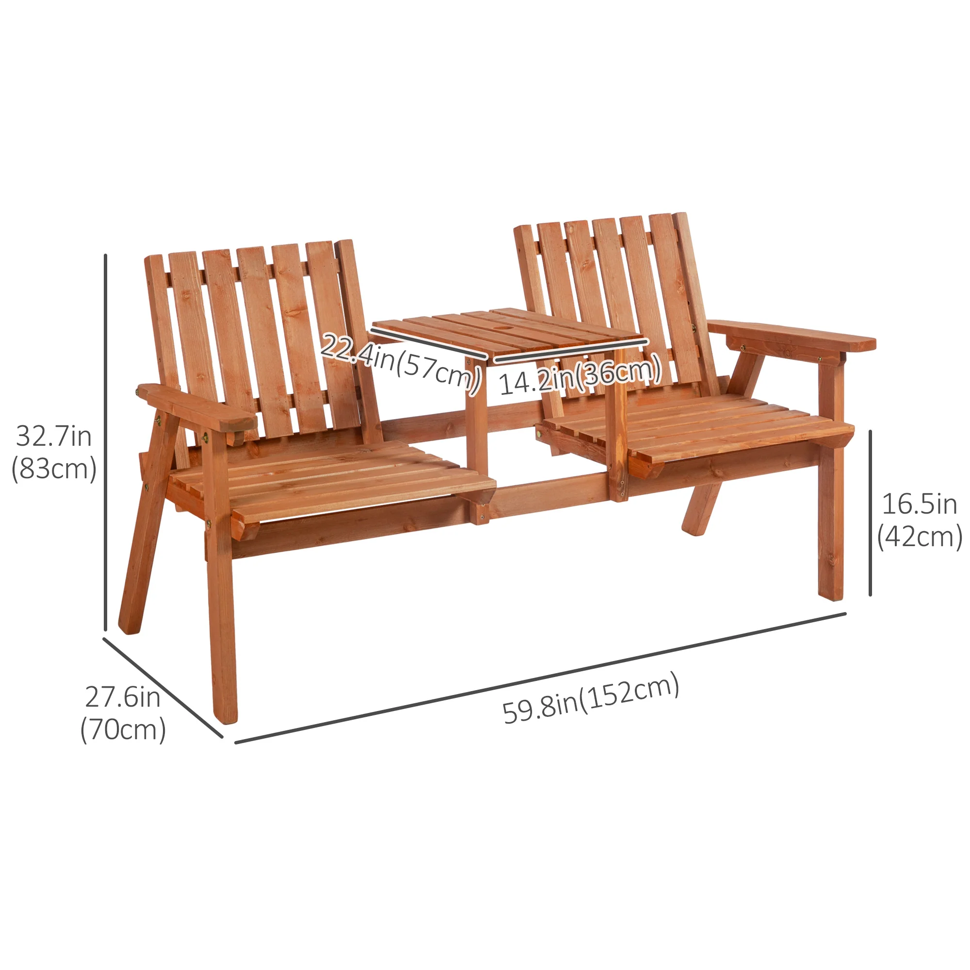 Garden Bench with Middle Table & Umbrella Hole, 2-Seater Wooden Bench, Slat Design, Orange - Image 5