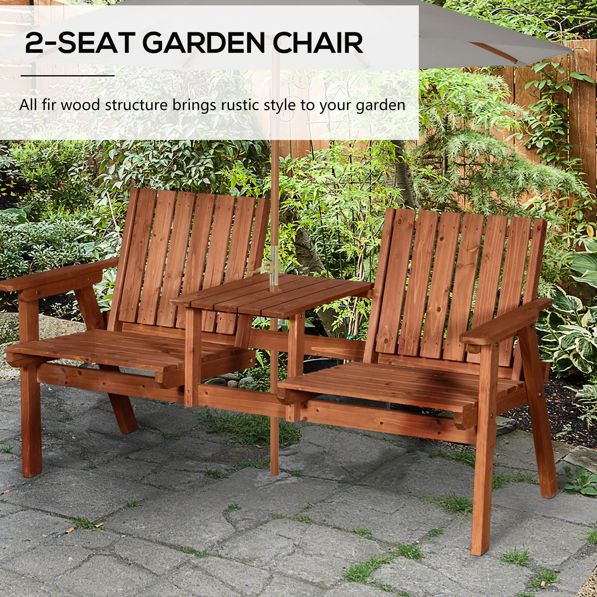 Garden Bench with Middle Table & Umbrella Hole, 2-Seater Wooden Bench, Slat Design, Orange - Image 6