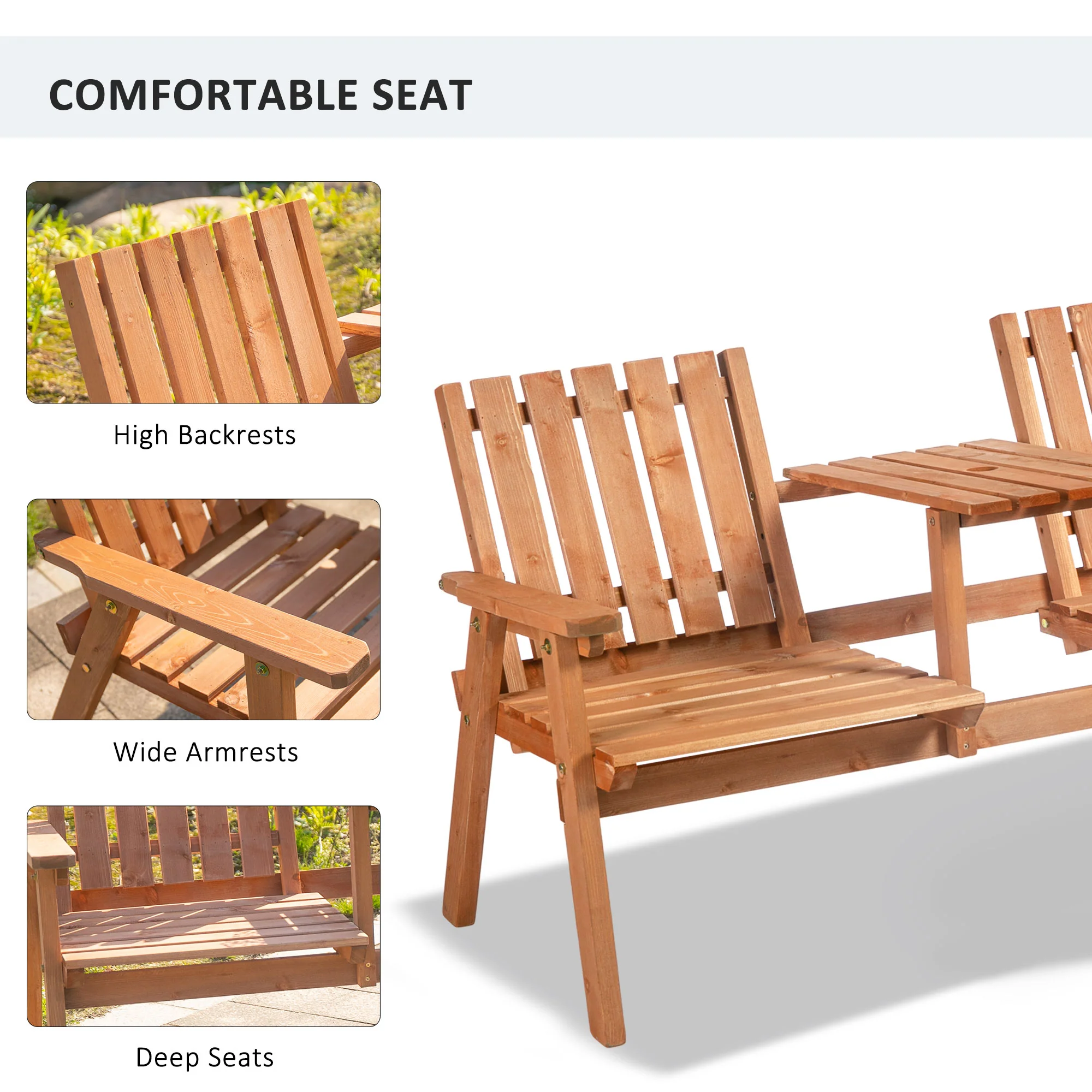 Garden Bench with Middle Table & Umbrella Hole, 2-Seater Wooden Bench, Slat Design, Orange - Image 7