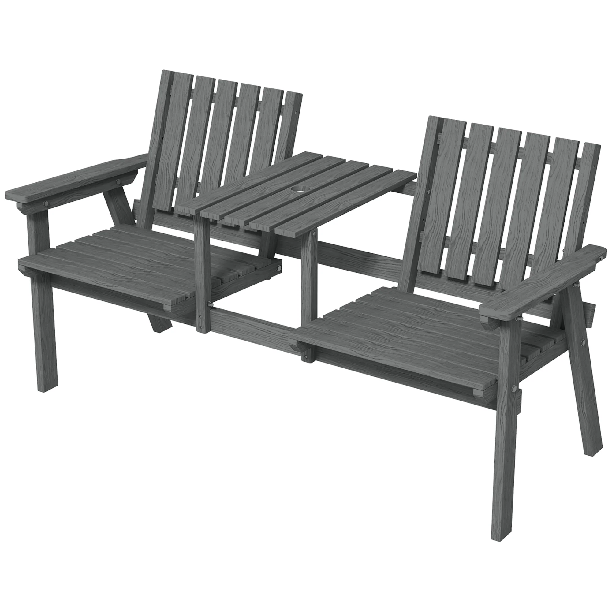 Garden Bench with Middle Table & Umbrella Hole, 2-Seater Wooden Bench, Slat Design, Grey - Image 2