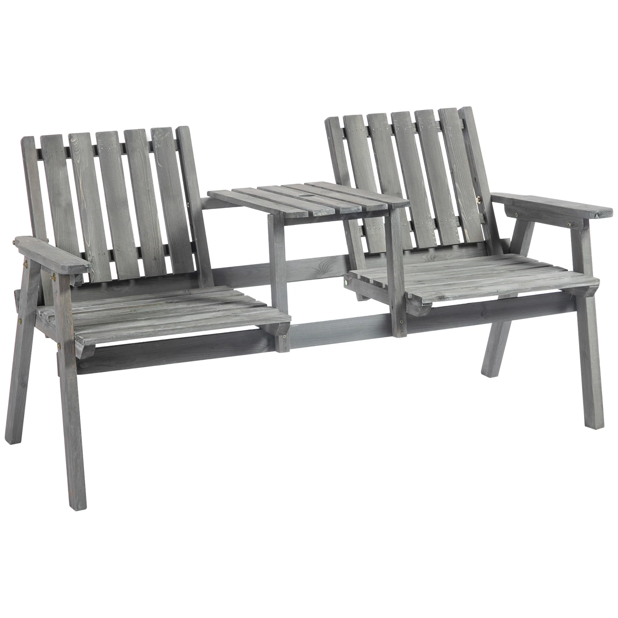 2-Seater Outdoor Wooden Bench with Middle Table & Parasol Hole, Patio Loveseat, Grey - Image 12