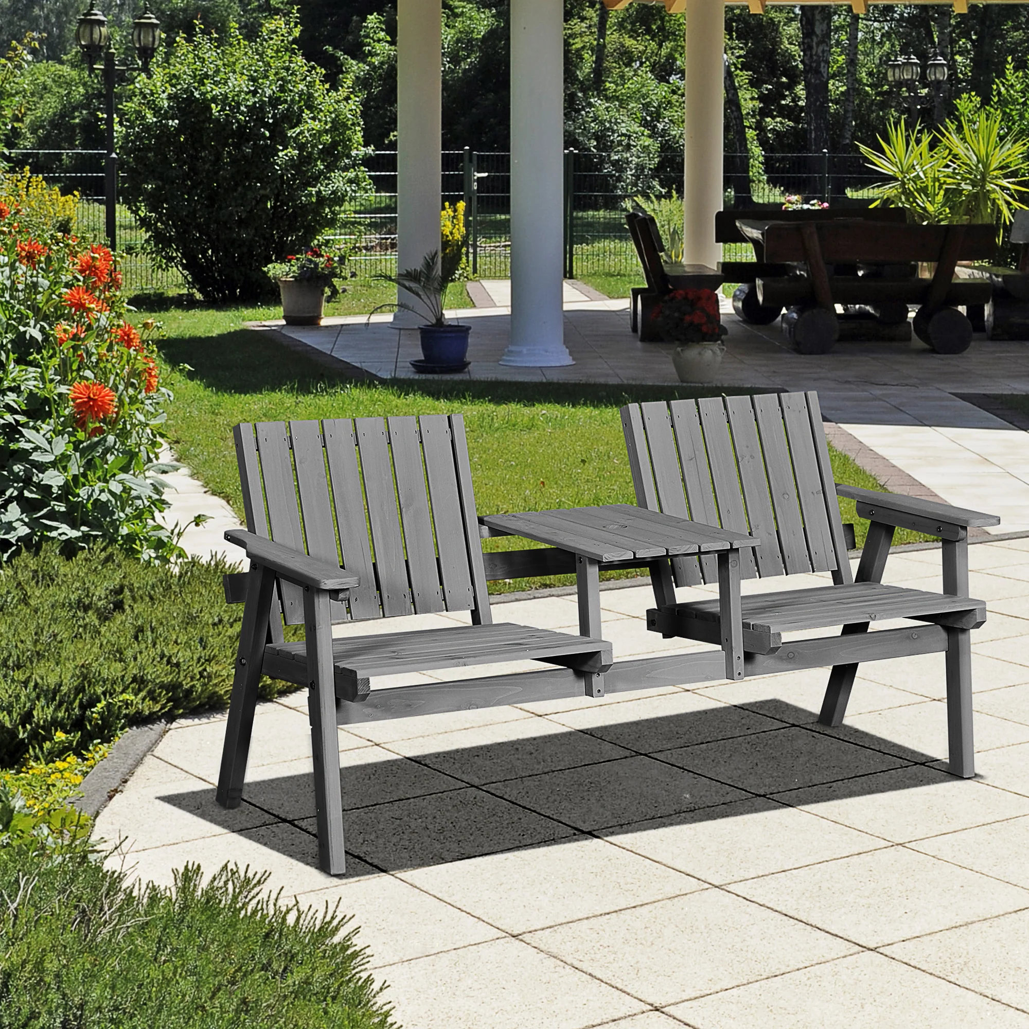 2-Seater Outdoor Wooden Bench with Middle Table & Parasol Hole, Patio Loveseat, Grey - Image 3