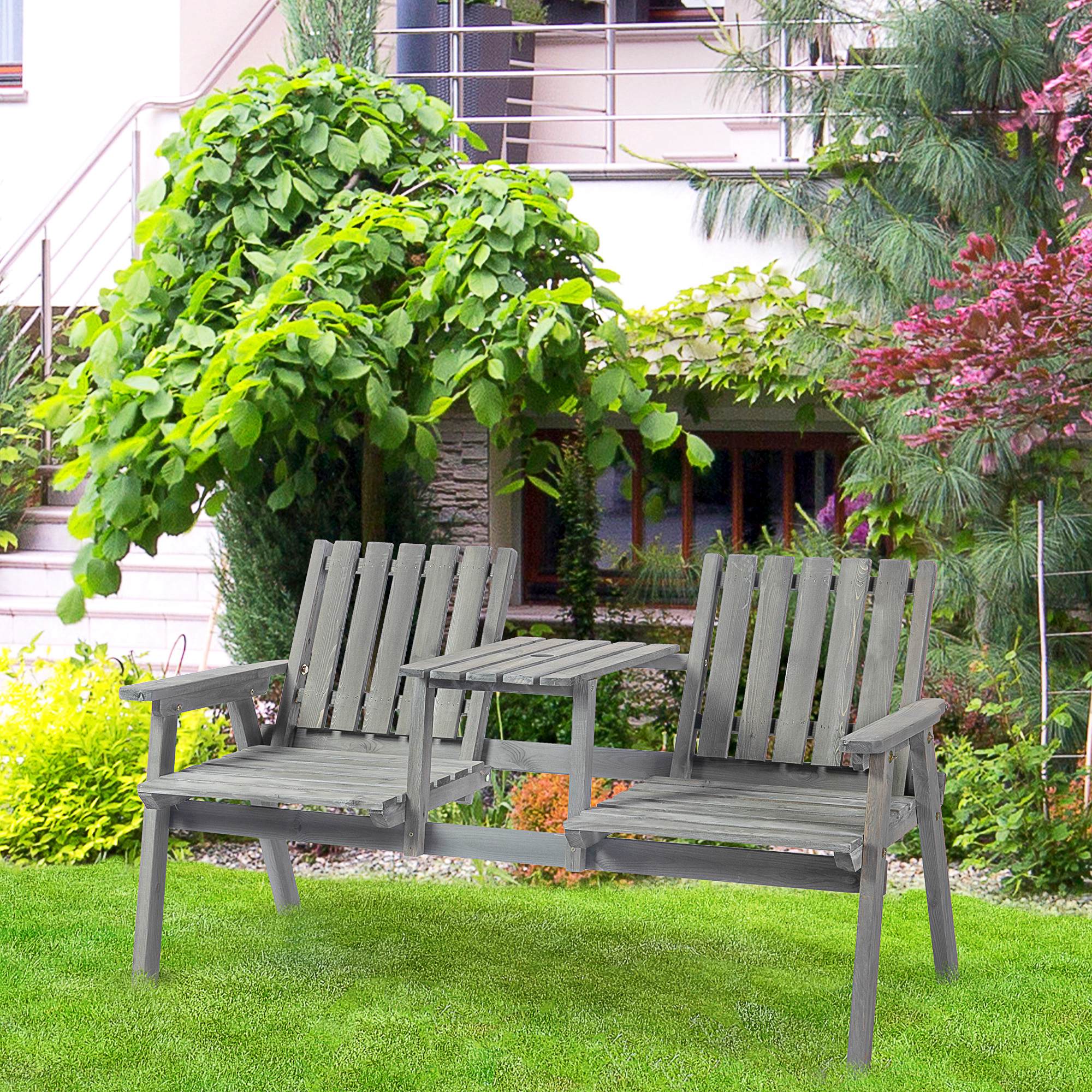 2-Seater Outdoor Wooden Bench with Middle Table & Parasol Hole, Patio Loveseat, Grey - Image 4