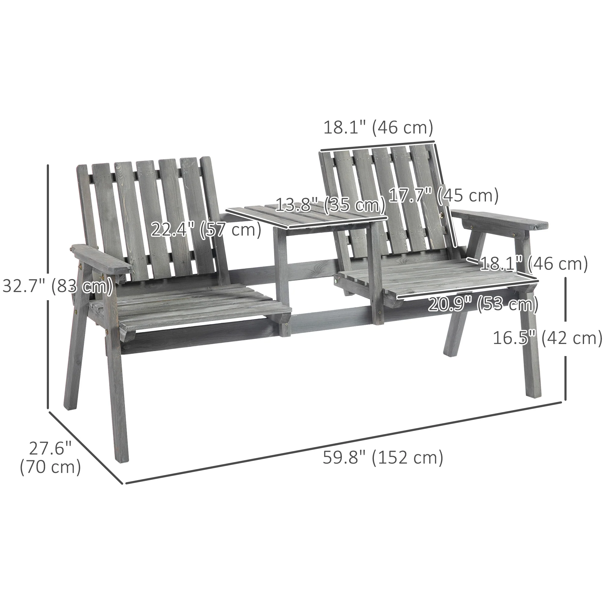 2-Seater Outdoor Wooden Bench with Middle Table & Parasol Hole, Patio Loveseat, Grey - Image 5