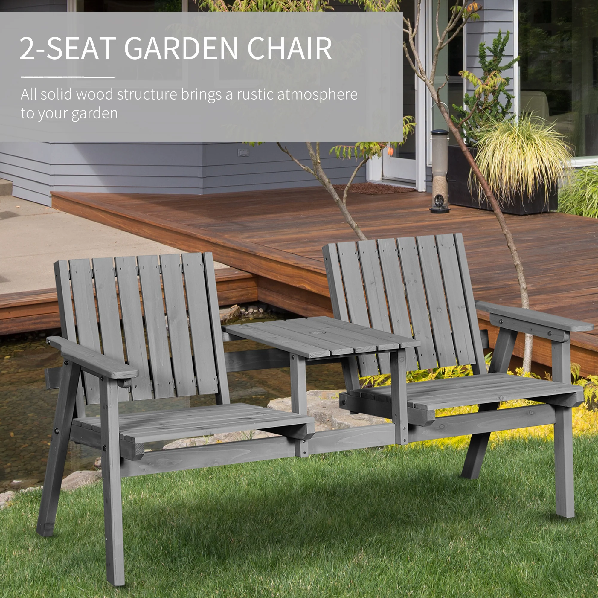 2-Seater Outdoor Wooden Bench with Middle Table & Parasol Hole, Patio Loveseat, Grey - Image 6