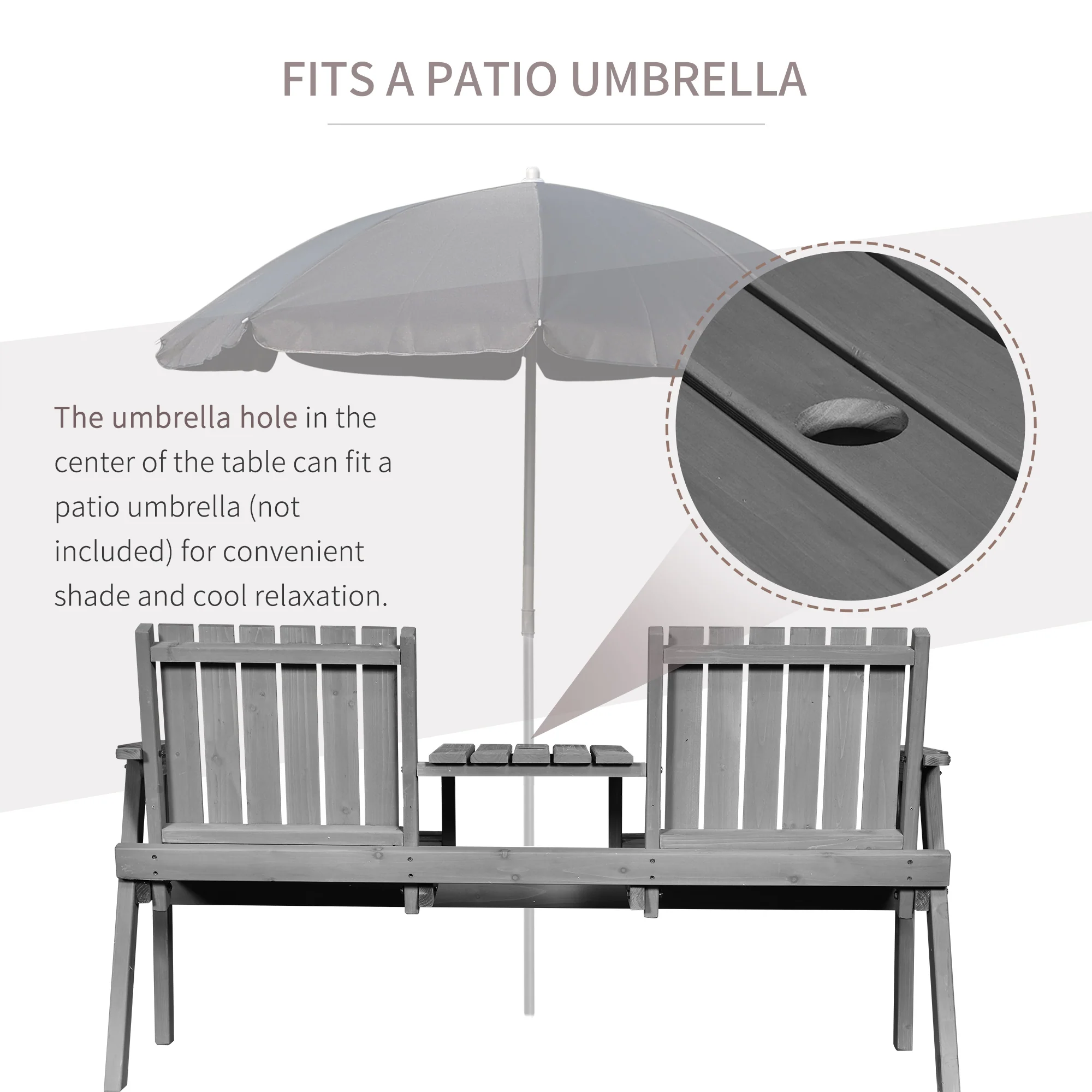 2-Seater Outdoor Wooden Bench with Middle Table & Parasol Hole, Patio Loveseat, Grey - Image 7