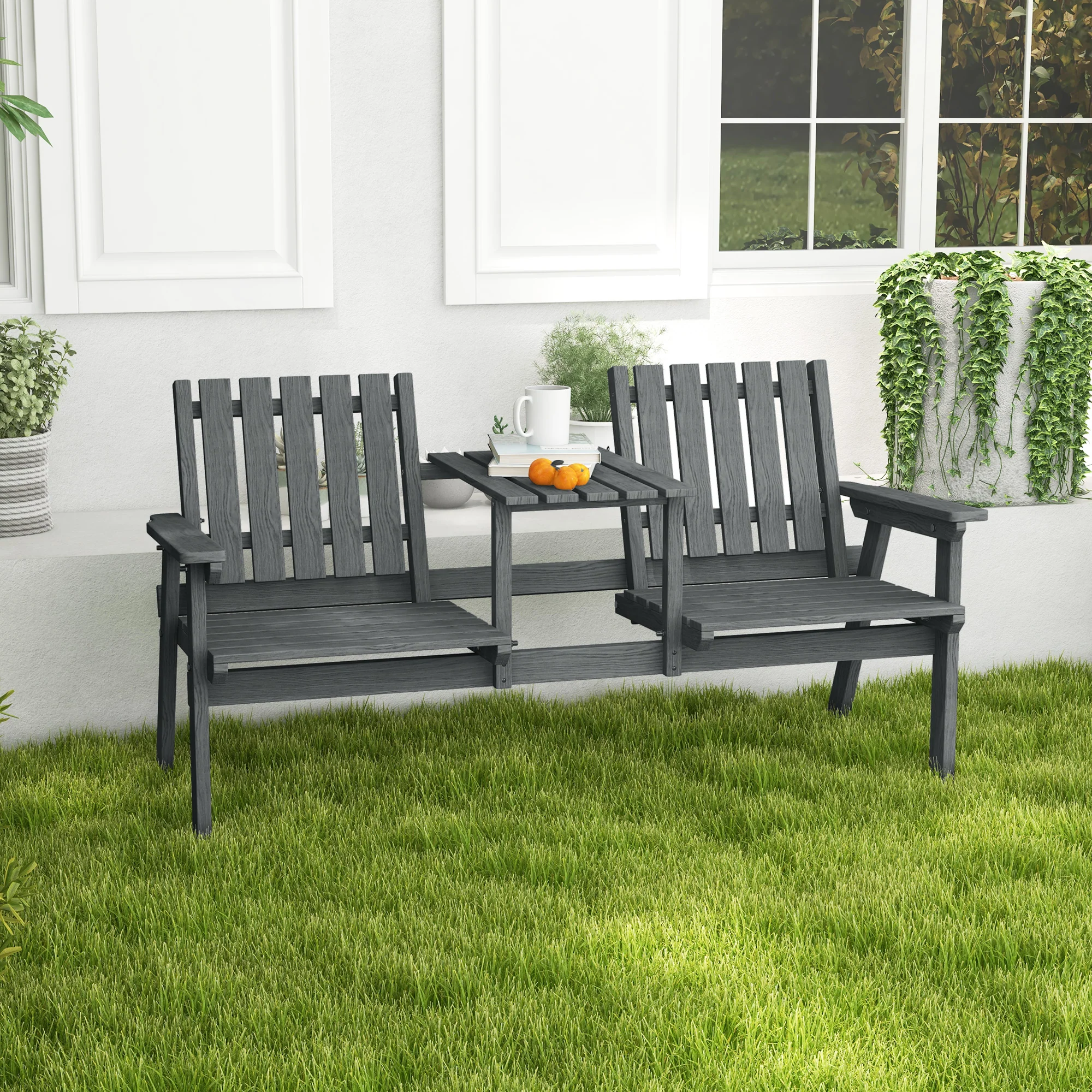 Garden Bench with Middle Table & Umbrella Hole, 2-Seater Wooden Bench, Slat Design, Grey - Image 3