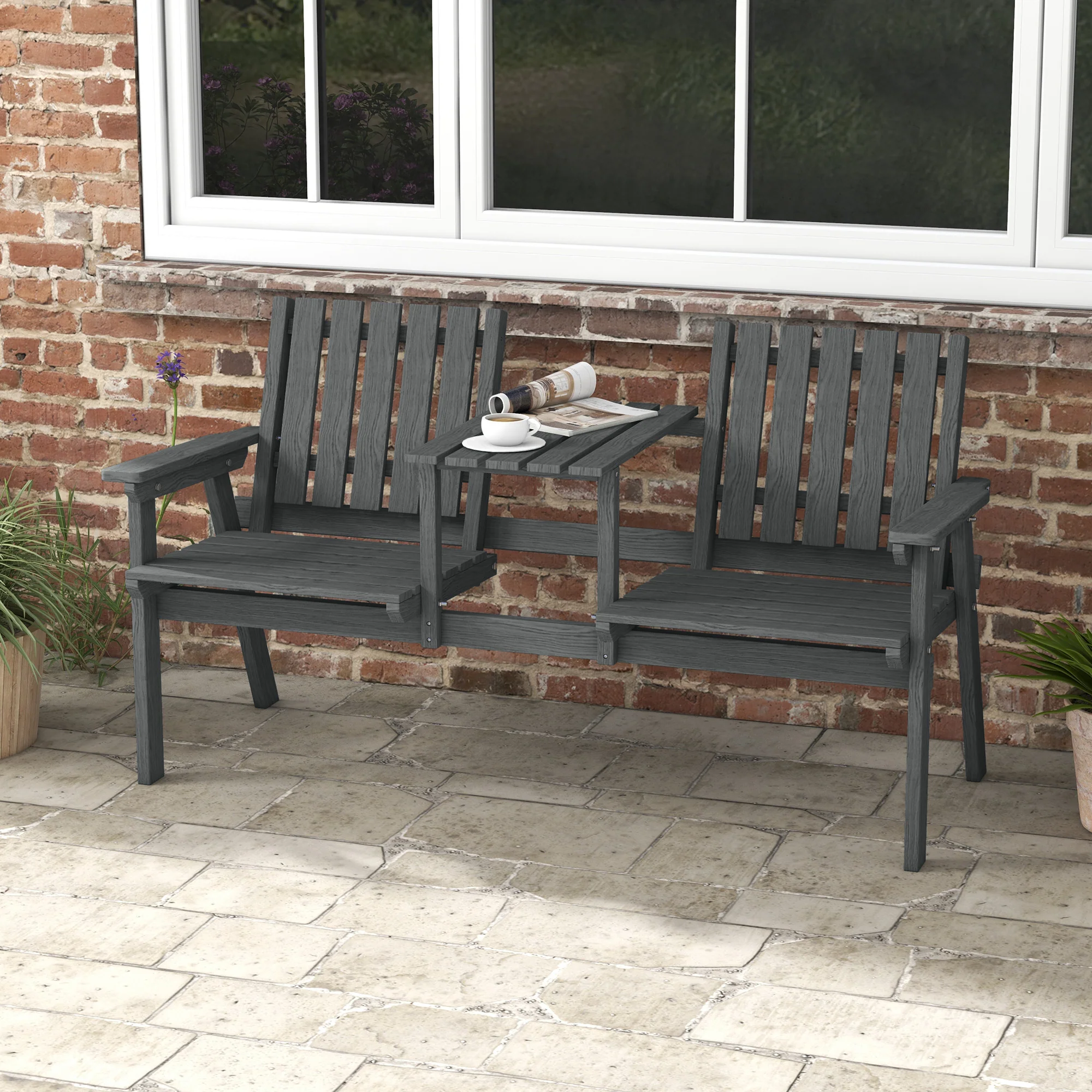 Garden Bench with Middle Table & Umbrella Hole, 2-Seater Wooden Bench, Slat Design, Grey - Image 4