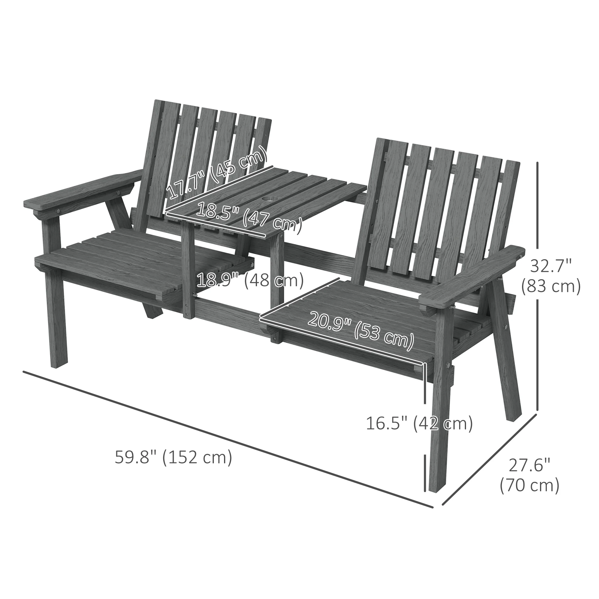 Garden Bench with Middle Table & Umbrella Hole, 2-Seater Wooden Bench, Slat Design, Grey - Image 5