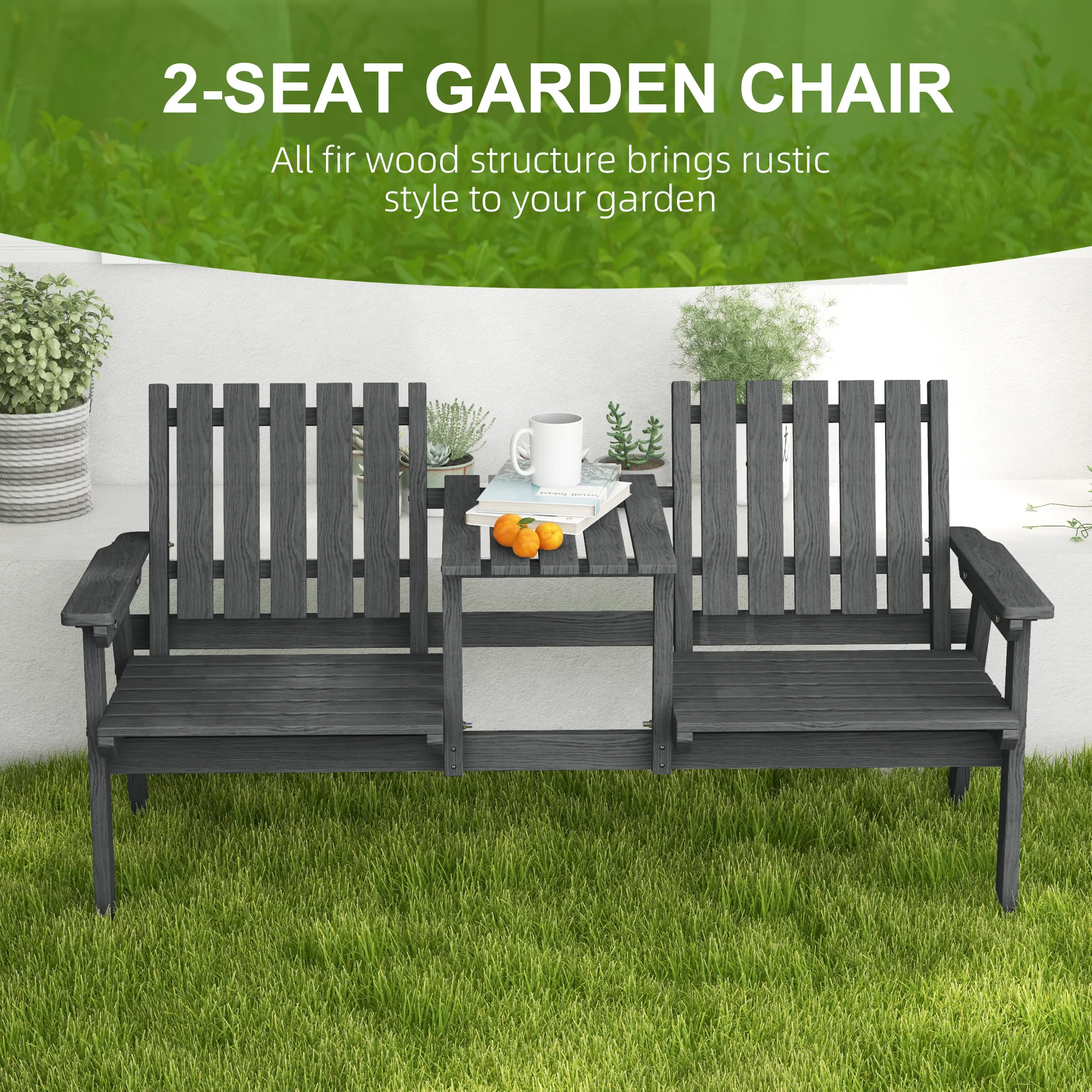 Garden Bench with Middle Table & Umbrella Hole, 2-Seater Wooden Bench, Slat Design, Grey - Image 6