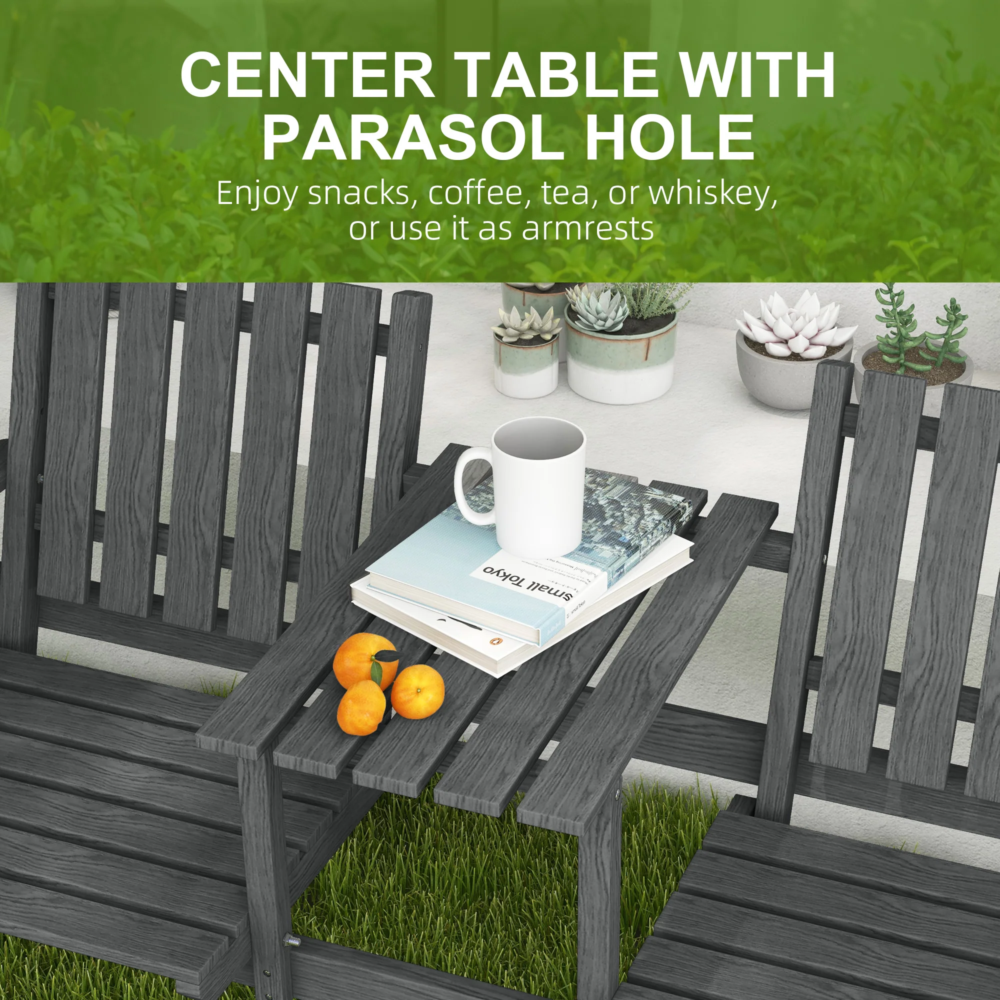 Garden Bench with Middle Table & Umbrella Hole, 2-Seater Wooden Bench, Slat Design, Grey - Image 7
