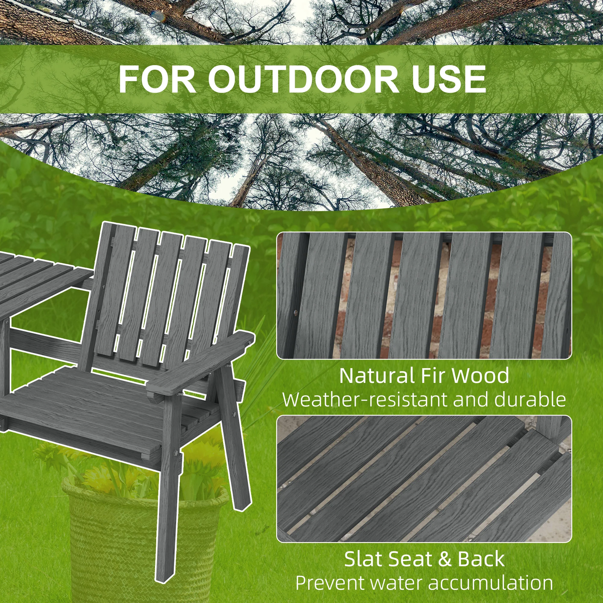 Garden Bench with Middle Table & Umbrella Hole, 2-Seater Wooden Bench, Slat Design, Grey - Image 8