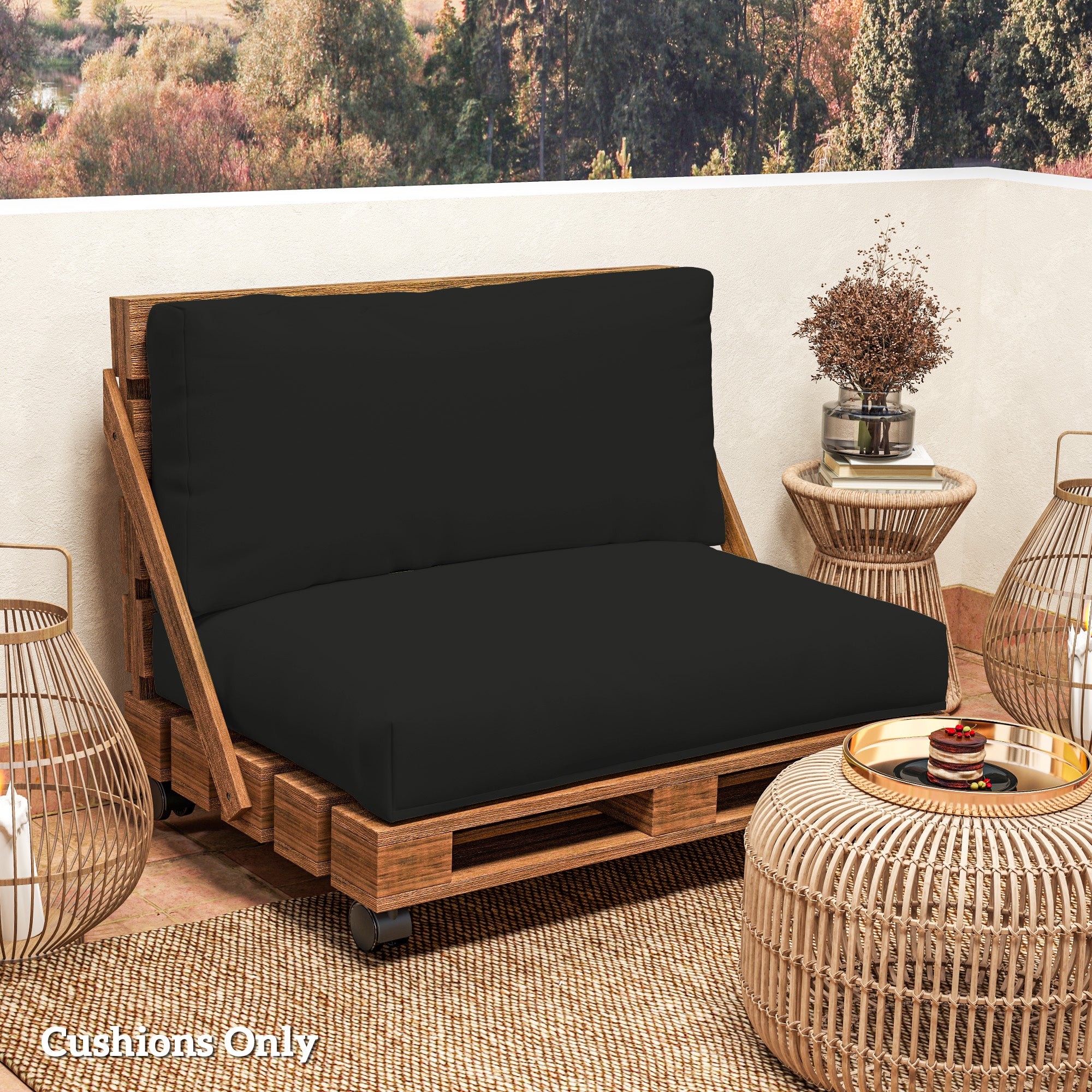 2 Seater Pallet Furniture Cushions with Back, 20 cm Thick Outdoor Seat Pads, Black - Image 4