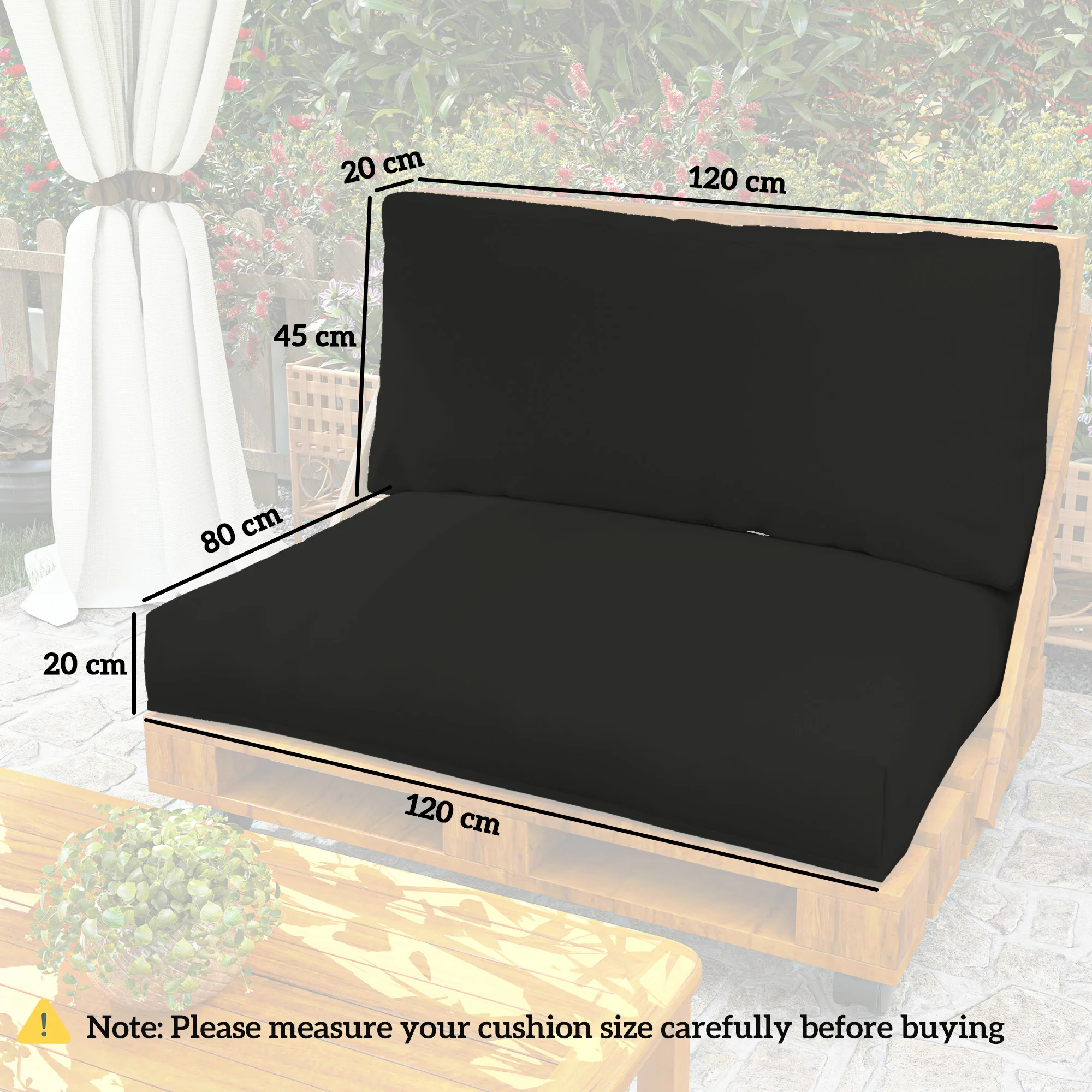 2 Seater Pallet Furniture Cushions with Back, 20 cm Thick Outdoor Seat Pads, Black - Image 5