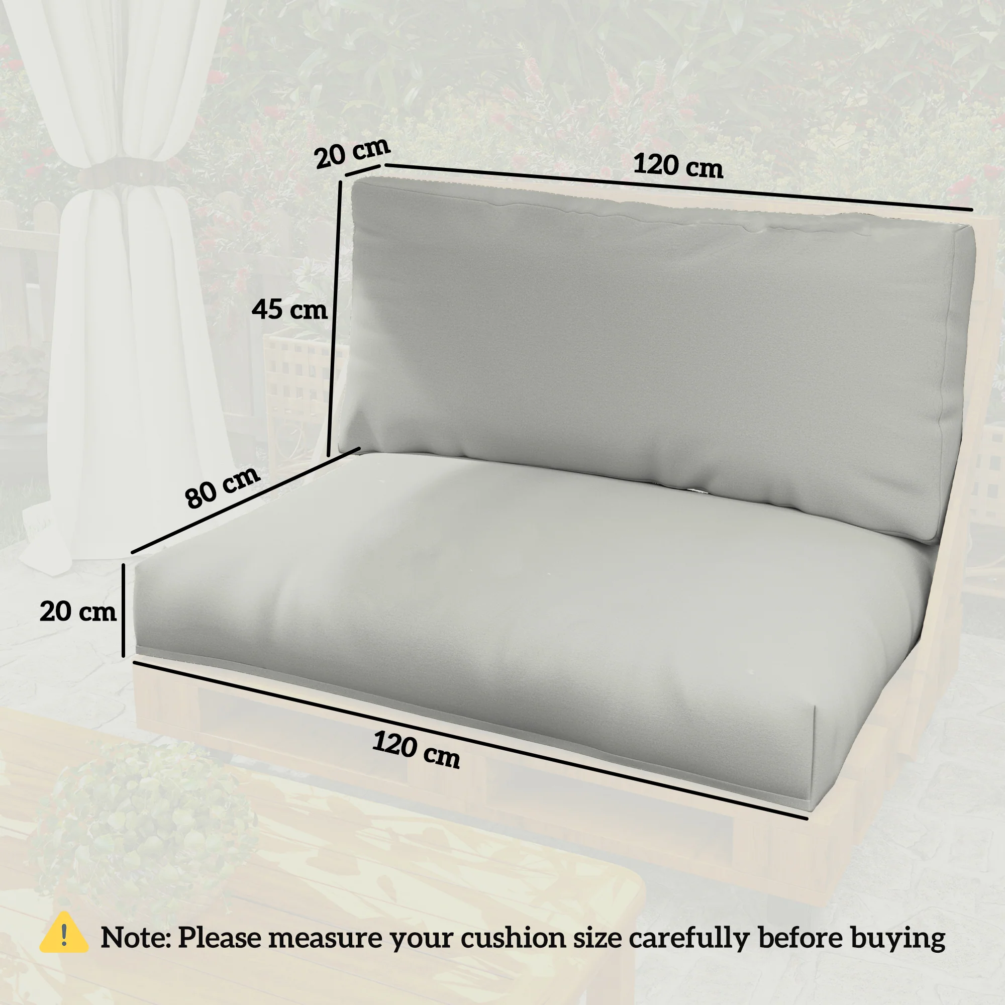 2 Seater Pallet Furniture Cushions with Back, 20 cm Thick Outdoor Seat Pads, Light Grey - Image 5