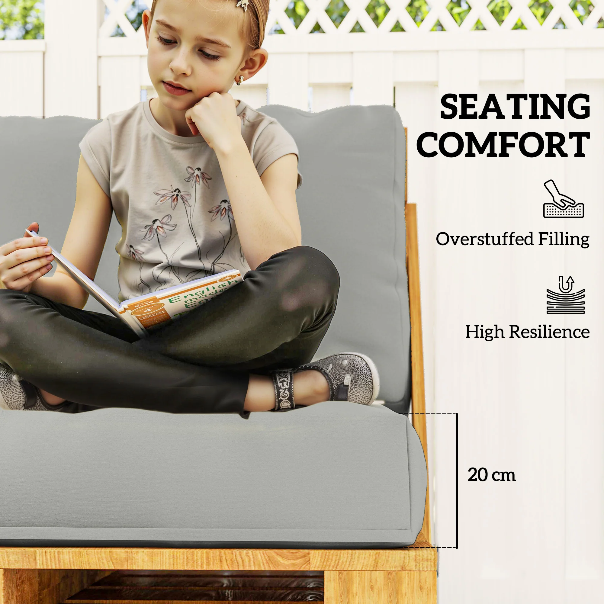 2 Seater Pallet Furniture Cushions with Back, 20 cm Thick Outdoor Seat Pads, Light Grey - Image 6