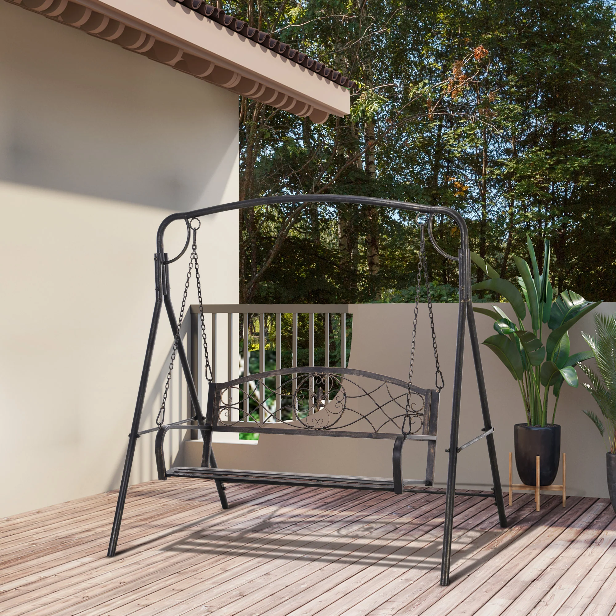 2 Seater Porch Swing Chair, Weather Resistant Outdoor Swing Seat with Metal Frame, Black - Image 8