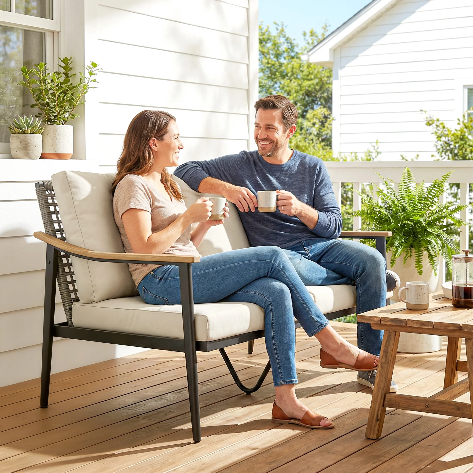 2 Seater Rattan Sofa with Wood-Effect Armrests, Khaki - Image 10