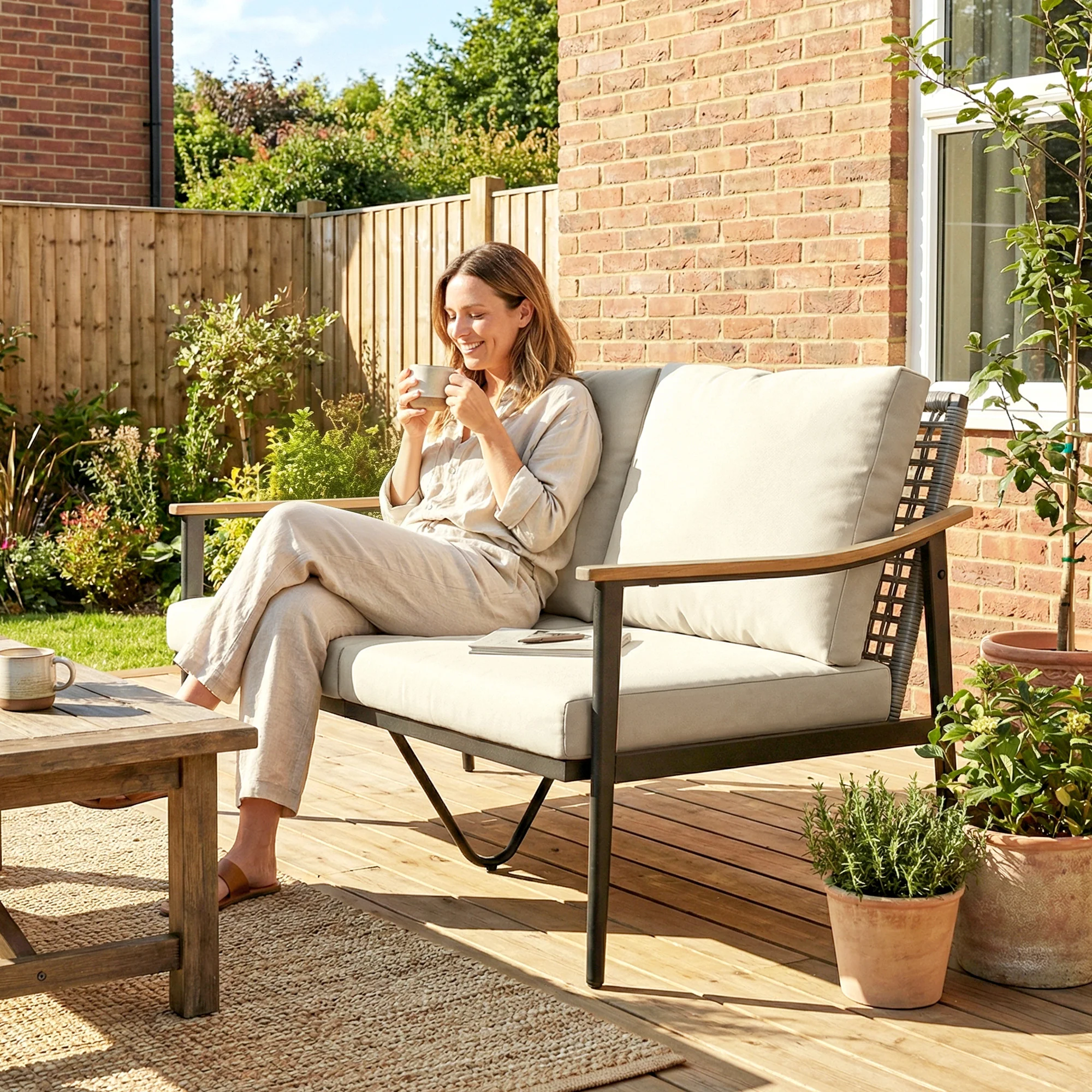 2 Seater Rattan Sofa with Wood-Effect Armrests, Khaki - Image 11