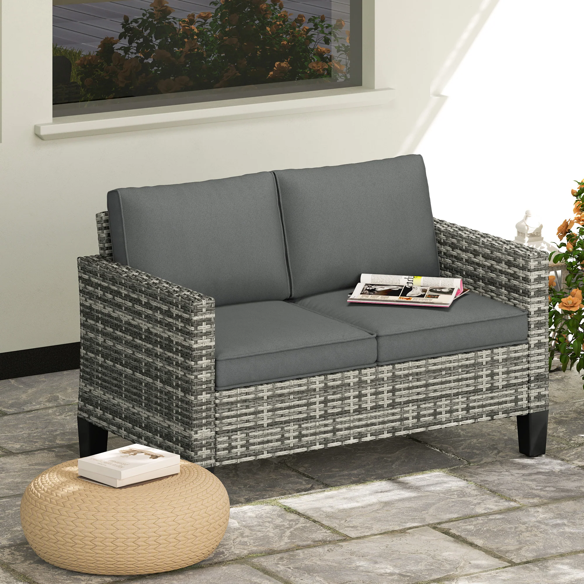 2 Seater Rattan Garden Sofa with Cushions & Armrests, Light Grey - Image 3
