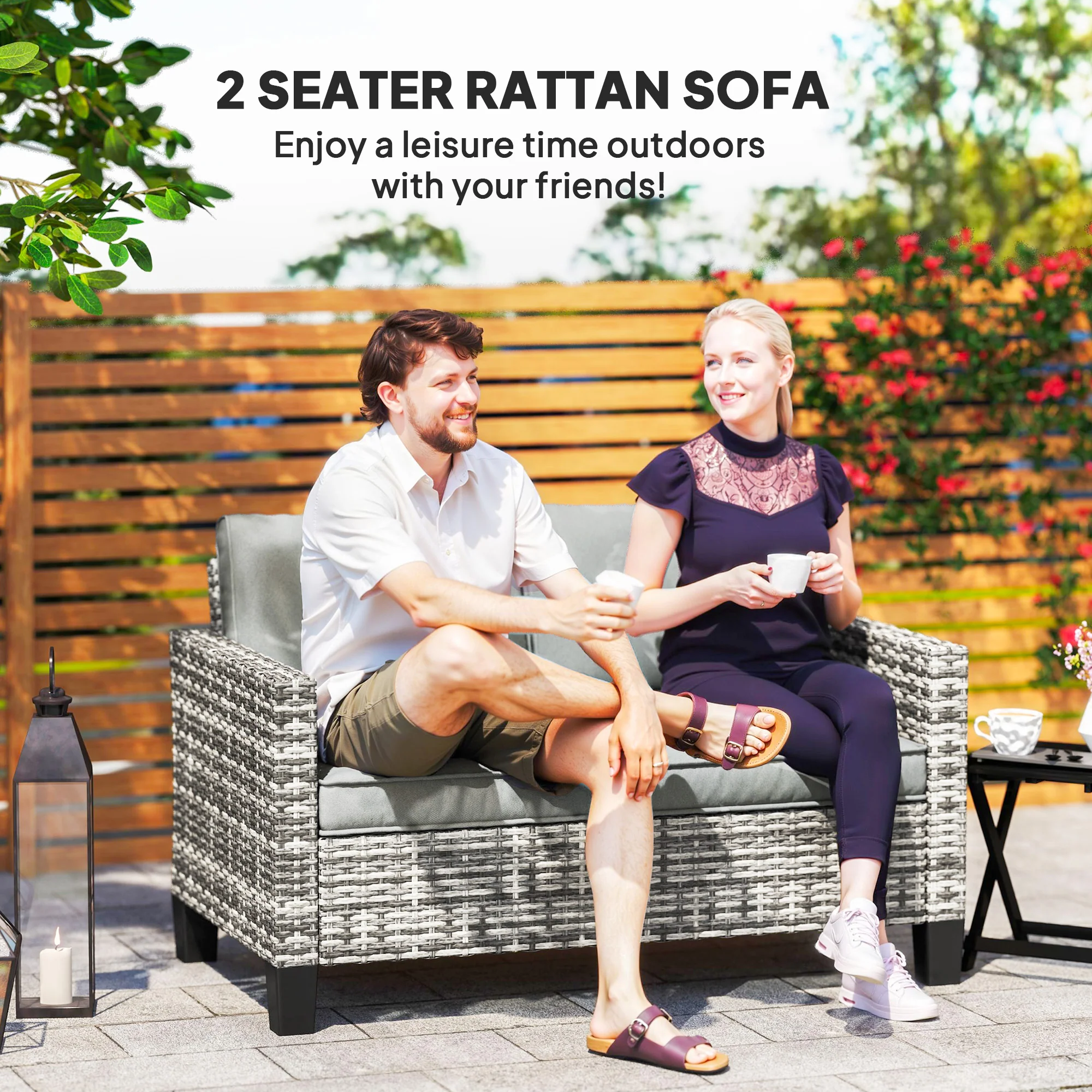 2 Seater Rattan Garden Sofa with Cushions & Armrests, Light Grey - Image 6