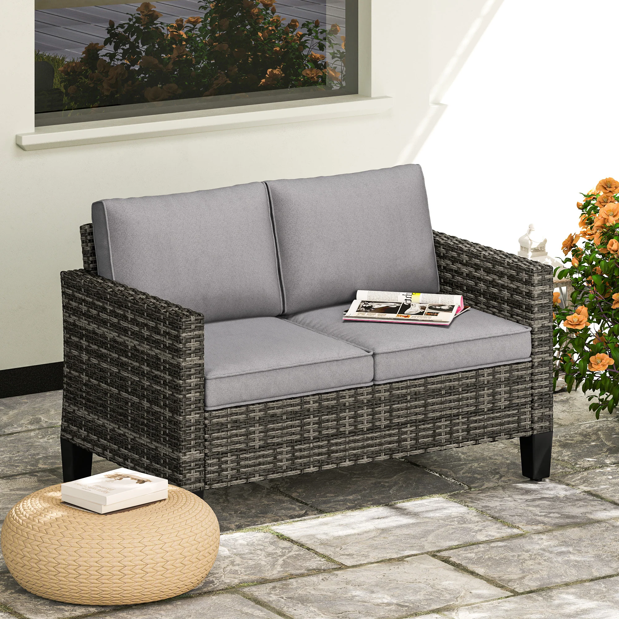 2 Seater Rattan Garden Sofa with Cushions & Armrests, Dark Grey - Image 3