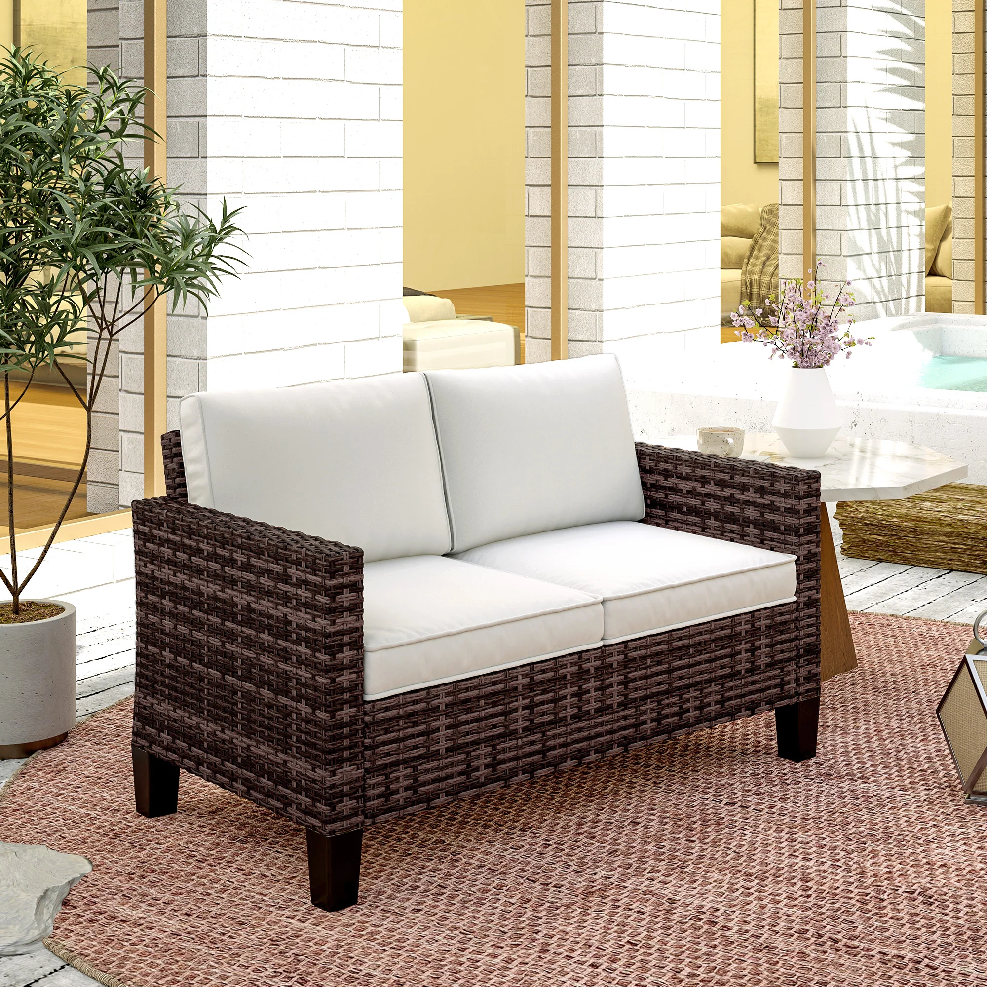 2 Seater Rattan Garden Sofa with Cushions & Armrests, Brown - Image 10