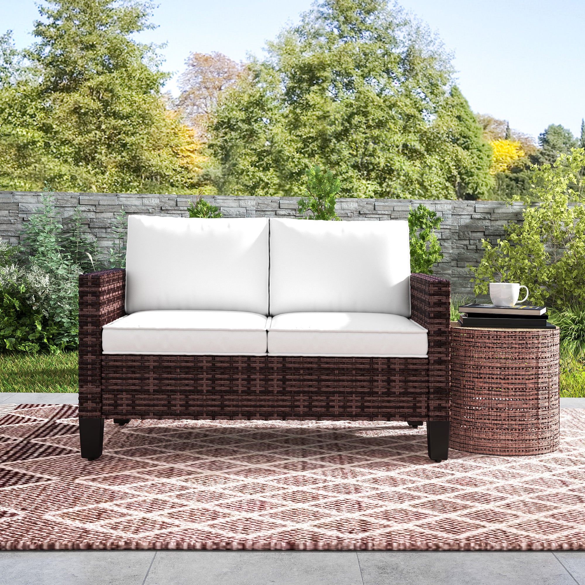 2 Seater Rattan Garden Sofa with Cushions & Armrests, Brown - Image 11