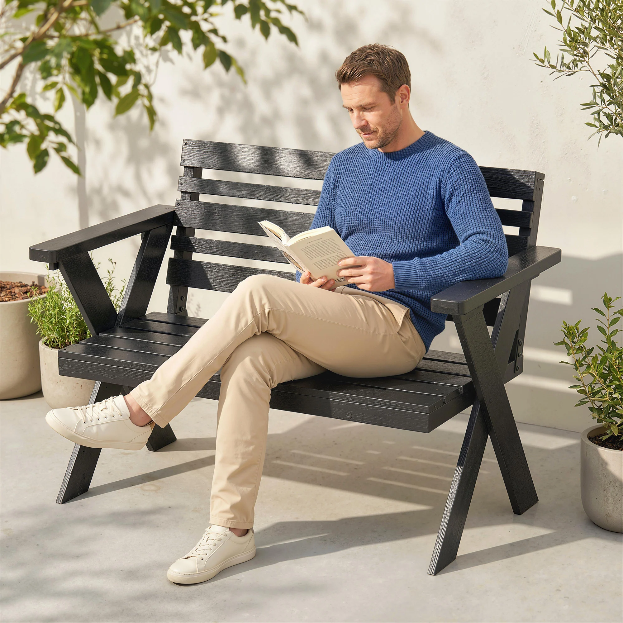 2 Seater Wooden Garden Bench with X-Frame Legs, Black - Image 4