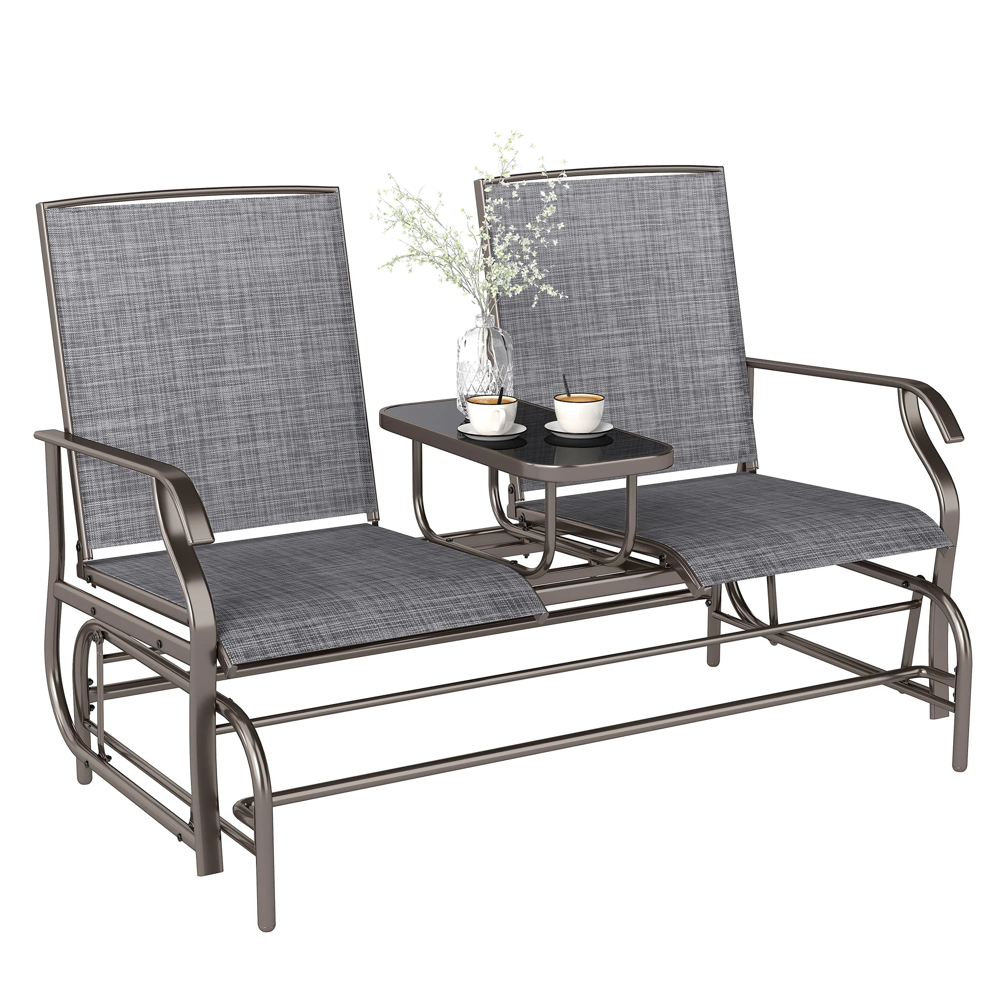 2 Seats Garden Glider Bench with Glass Top  Centre Table, Brown/ Grey