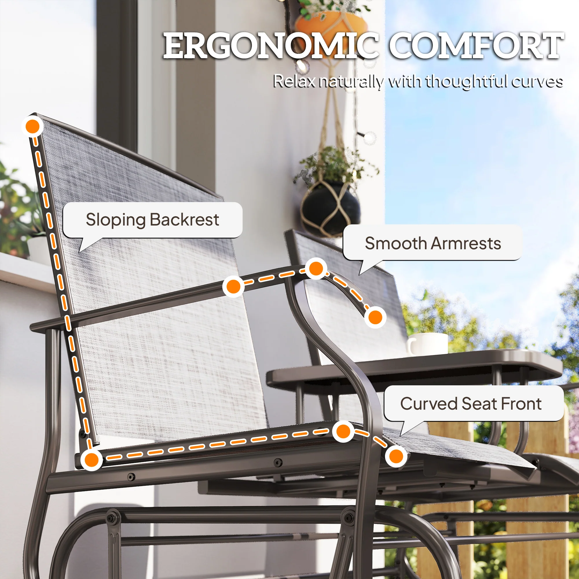 2 Seats Garden Glider Bench with Glass Top  Centre Table, Brown/ Grey - Image 10