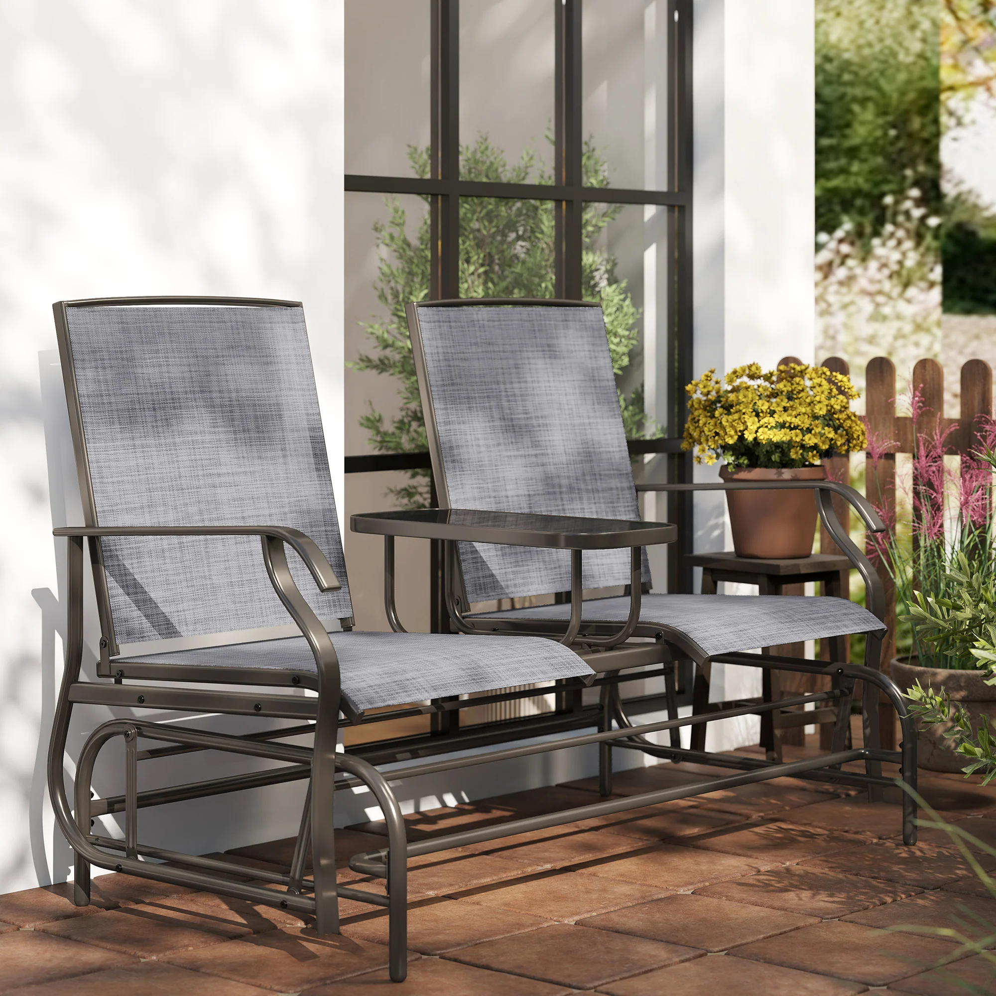 2 Seats Garden Glider Bench with Glass Top  Centre Table, Brown/ Grey - Image 11