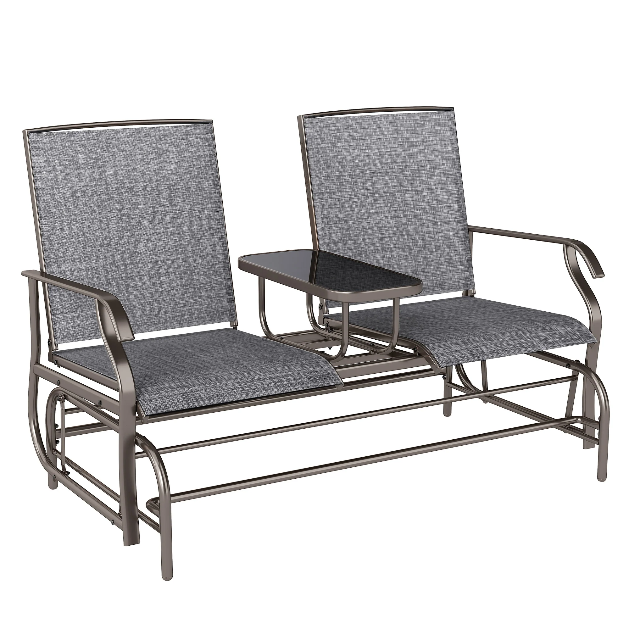 2 Seats Garden Glider Bench with Glass Top  Centre Table, Brown/ Grey - Image 12