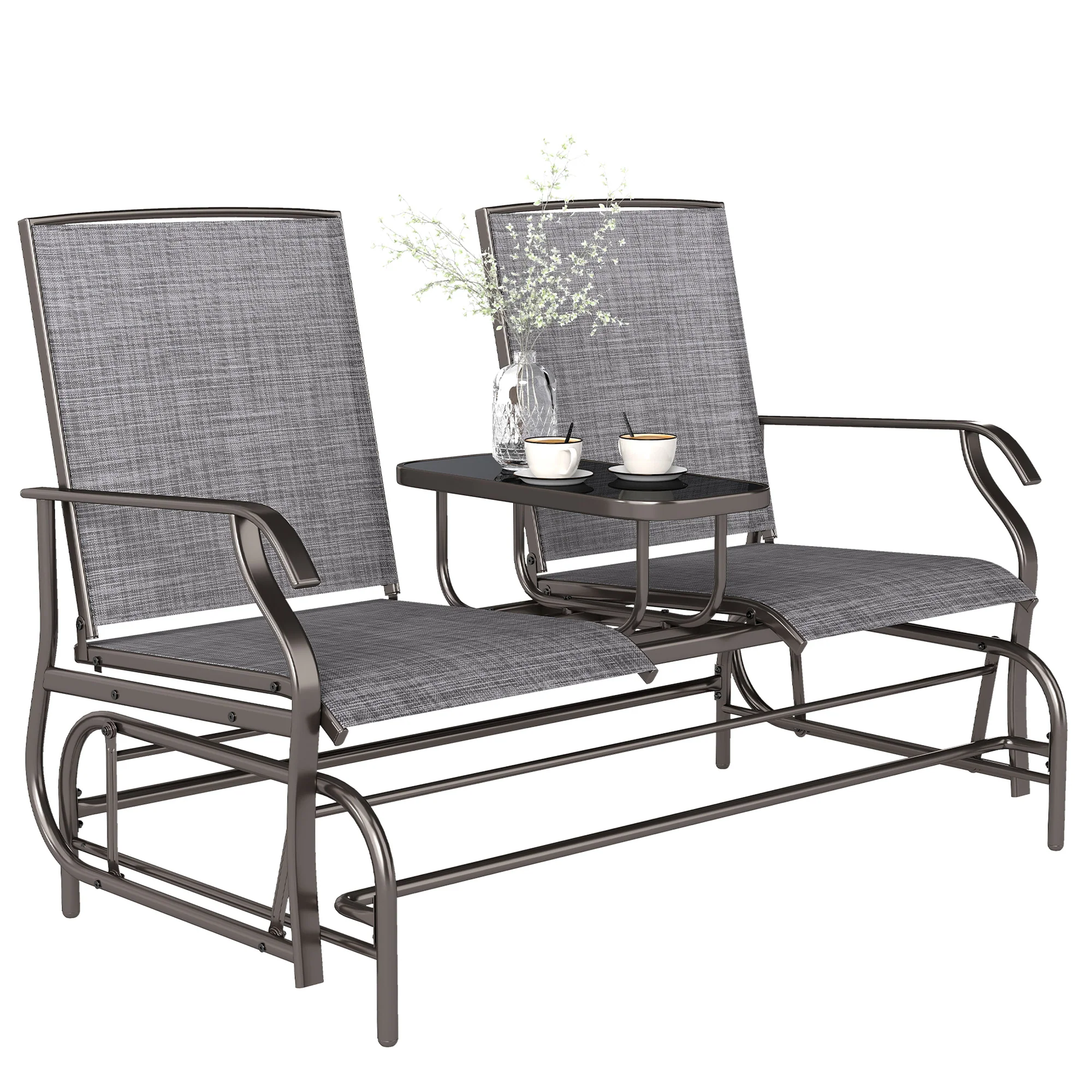 2 Seats Garden Glider Bench with Glass Top  Centre Table, Brown/ Grey - Image 2