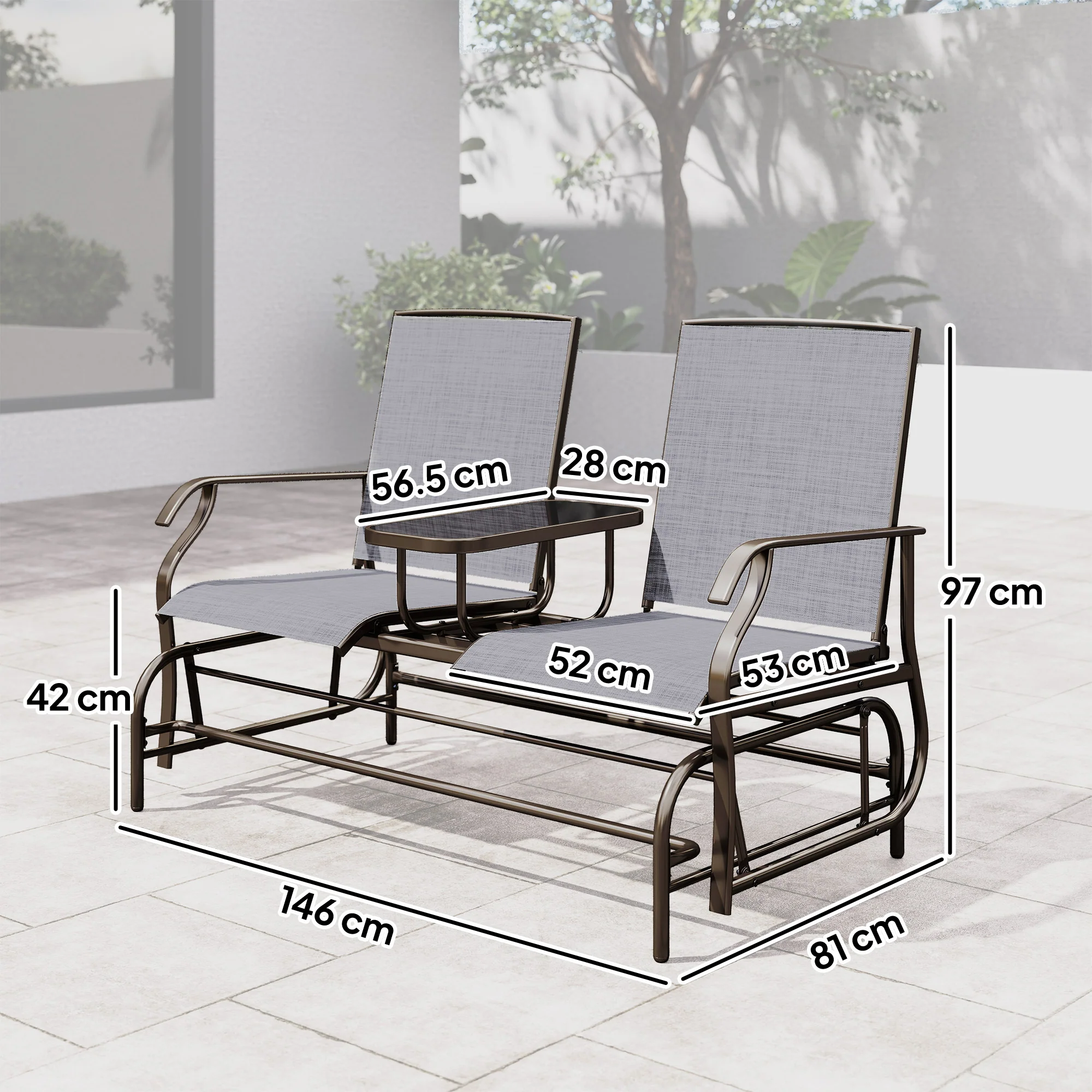2 Seats Garden Glider Bench with Glass Top  Centre Table, Brown/ Grey - Image 5