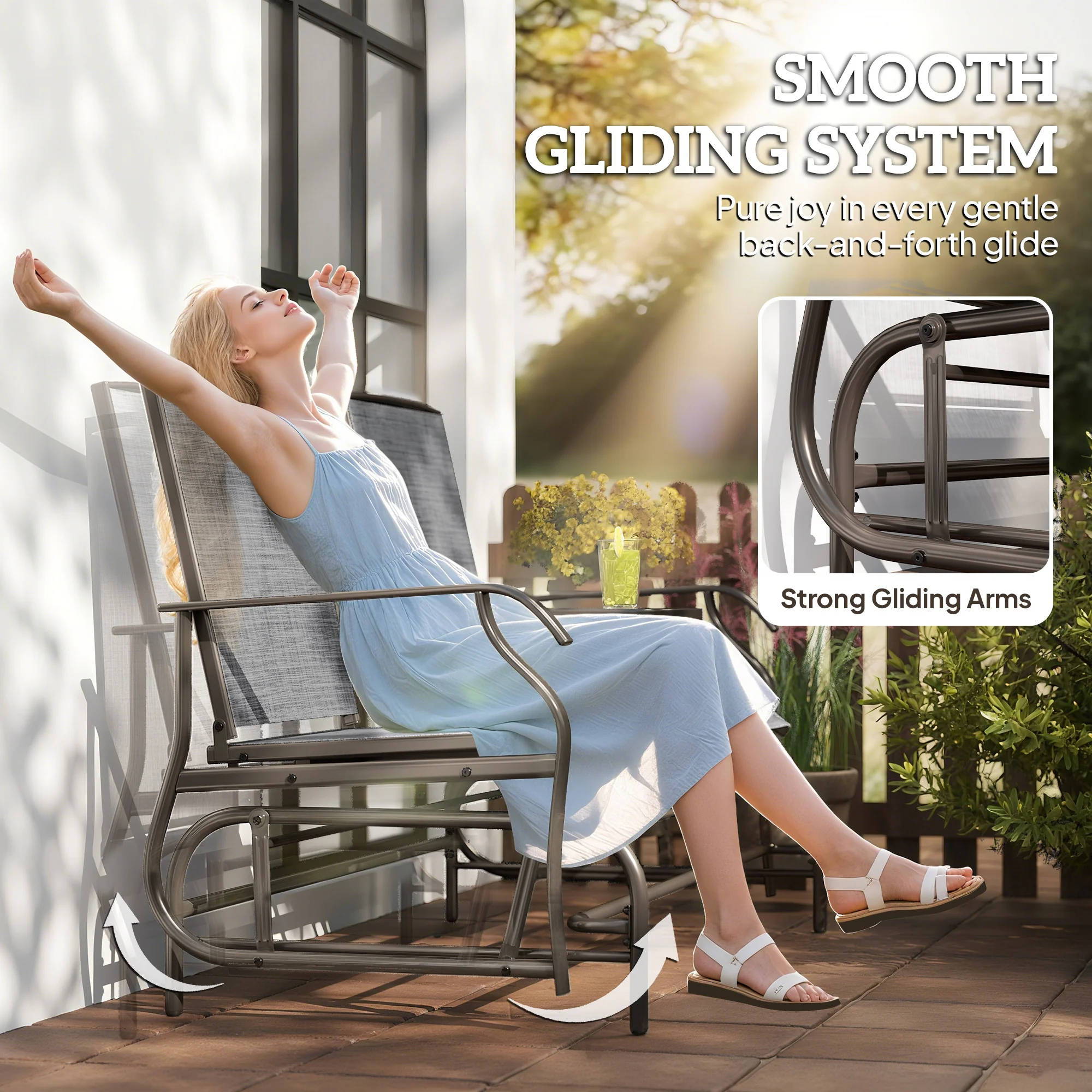 2 Seats Garden Glider Bench with Glass Top  Centre Table, Brown/ Grey - Image 6