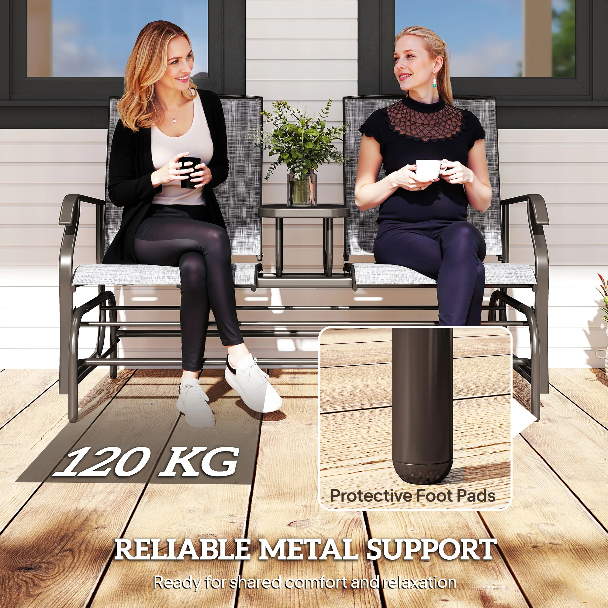2 Seats Garden Glider Bench with Glass Top  Centre Table, Brown/ Grey - Image 9