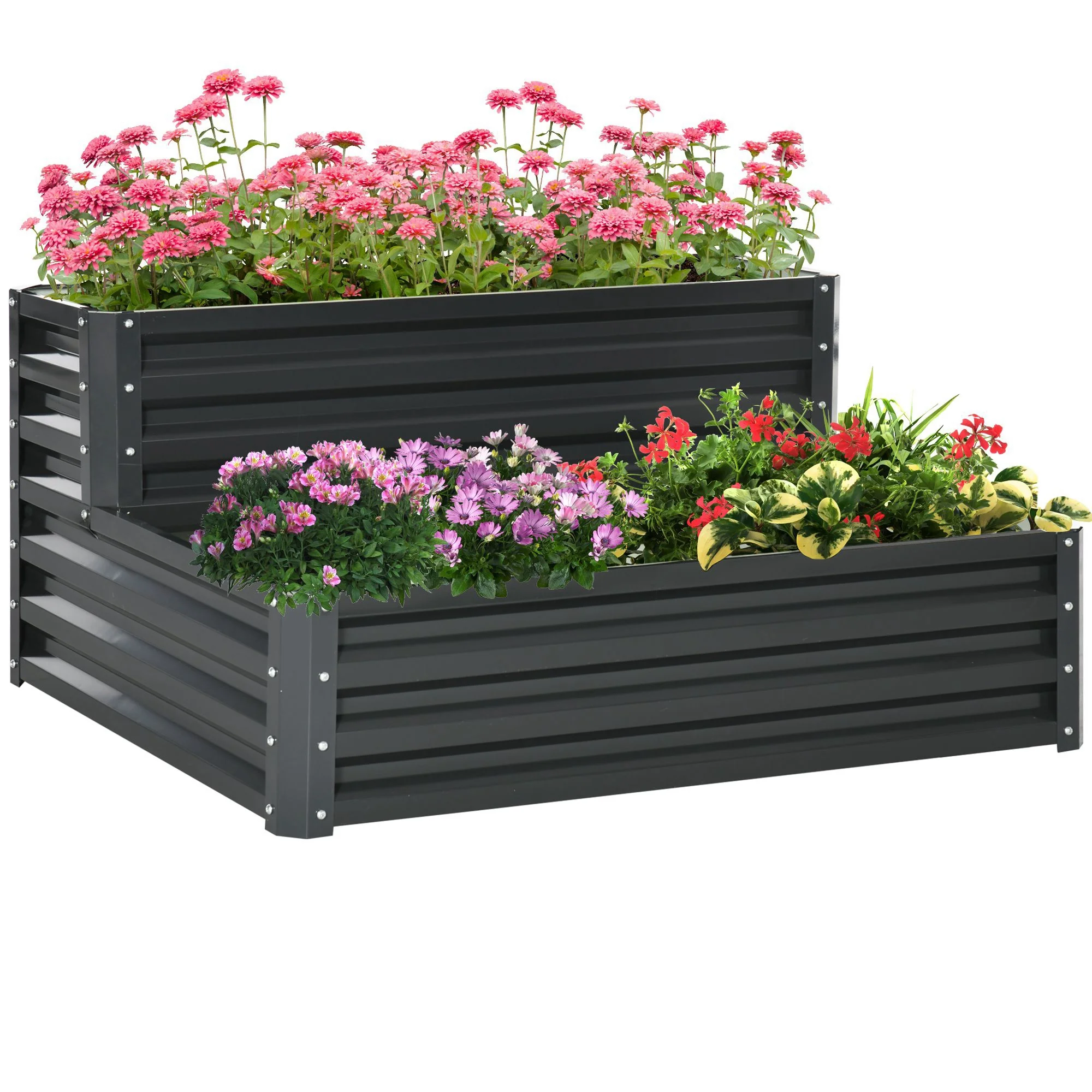 2 Tier Galvanised Raised Garden Bed for Vegetables, Flowers and Herbs, 120 x 101 x 58 cm, Dark Grey