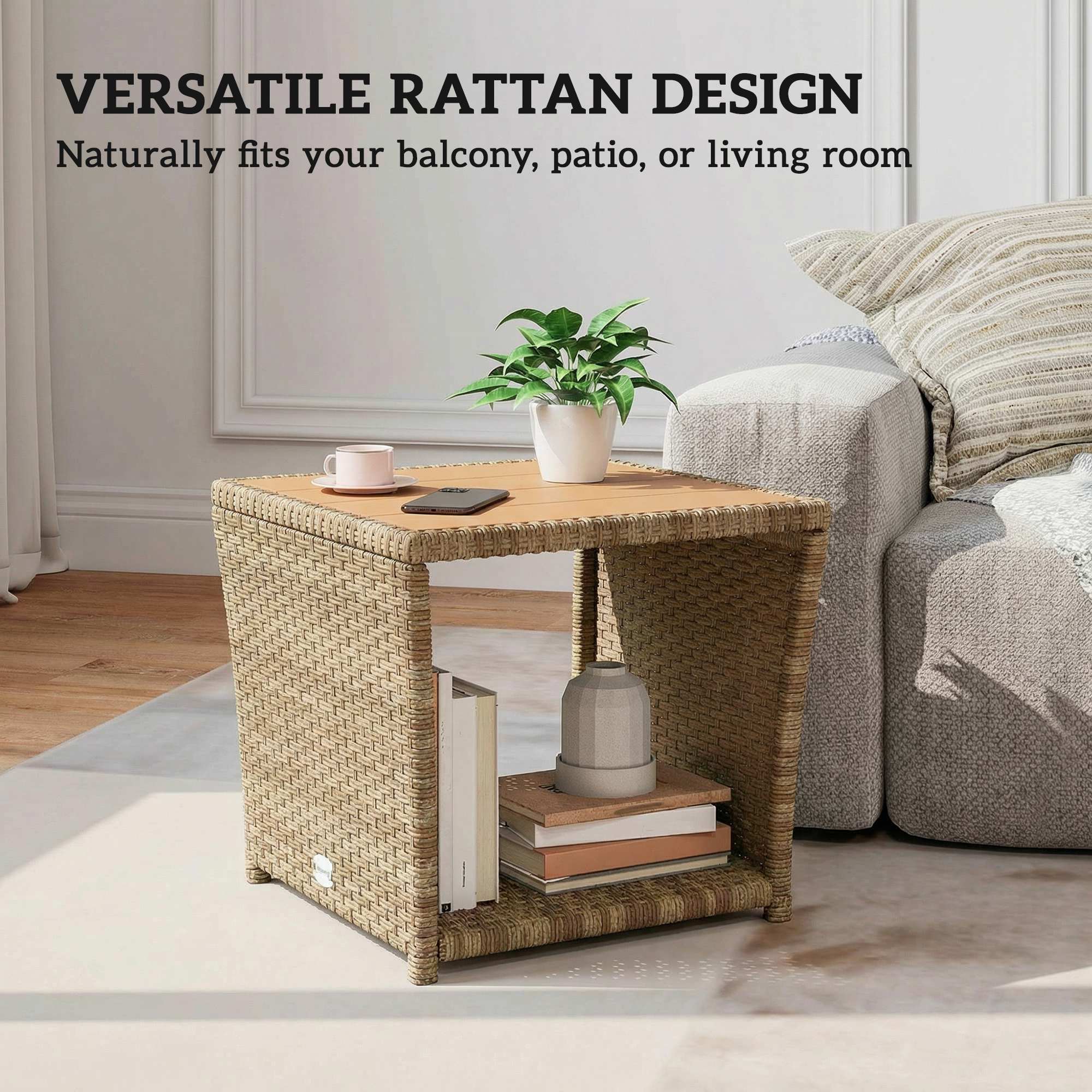 2-Tier PE Rattan Side Table with Storage Shelf, Khaki - Image 10