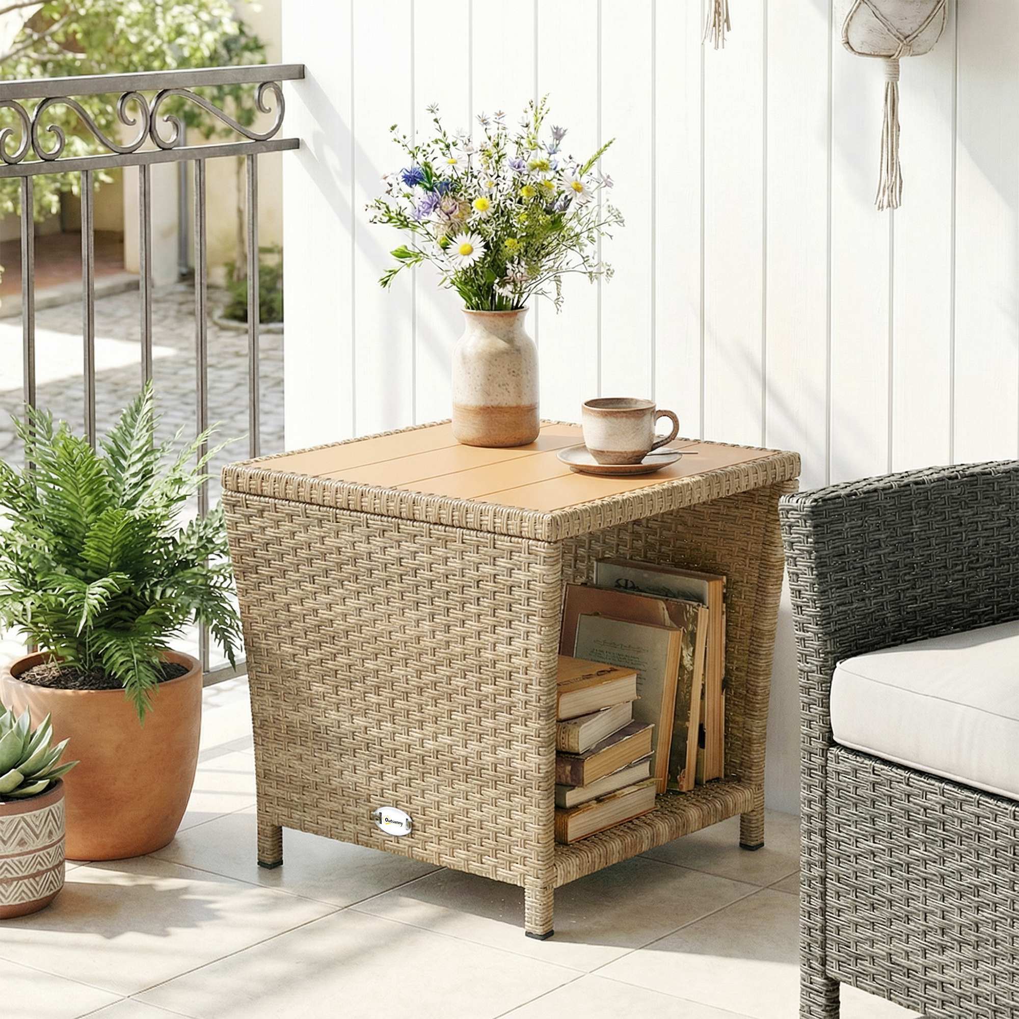 2-Tier PE Rattan Side Table with Storage Shelf, Khaki - Image 11