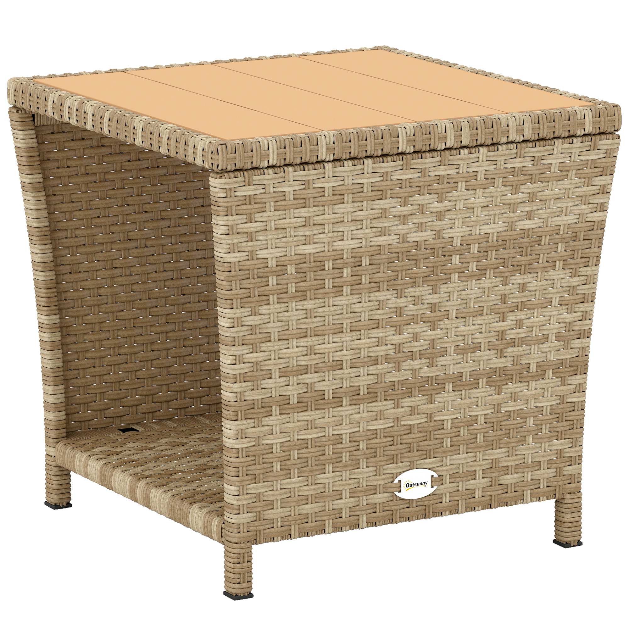 2-Tier PE Rattan Side Table with Storage Shelf, Khaki - Image 12