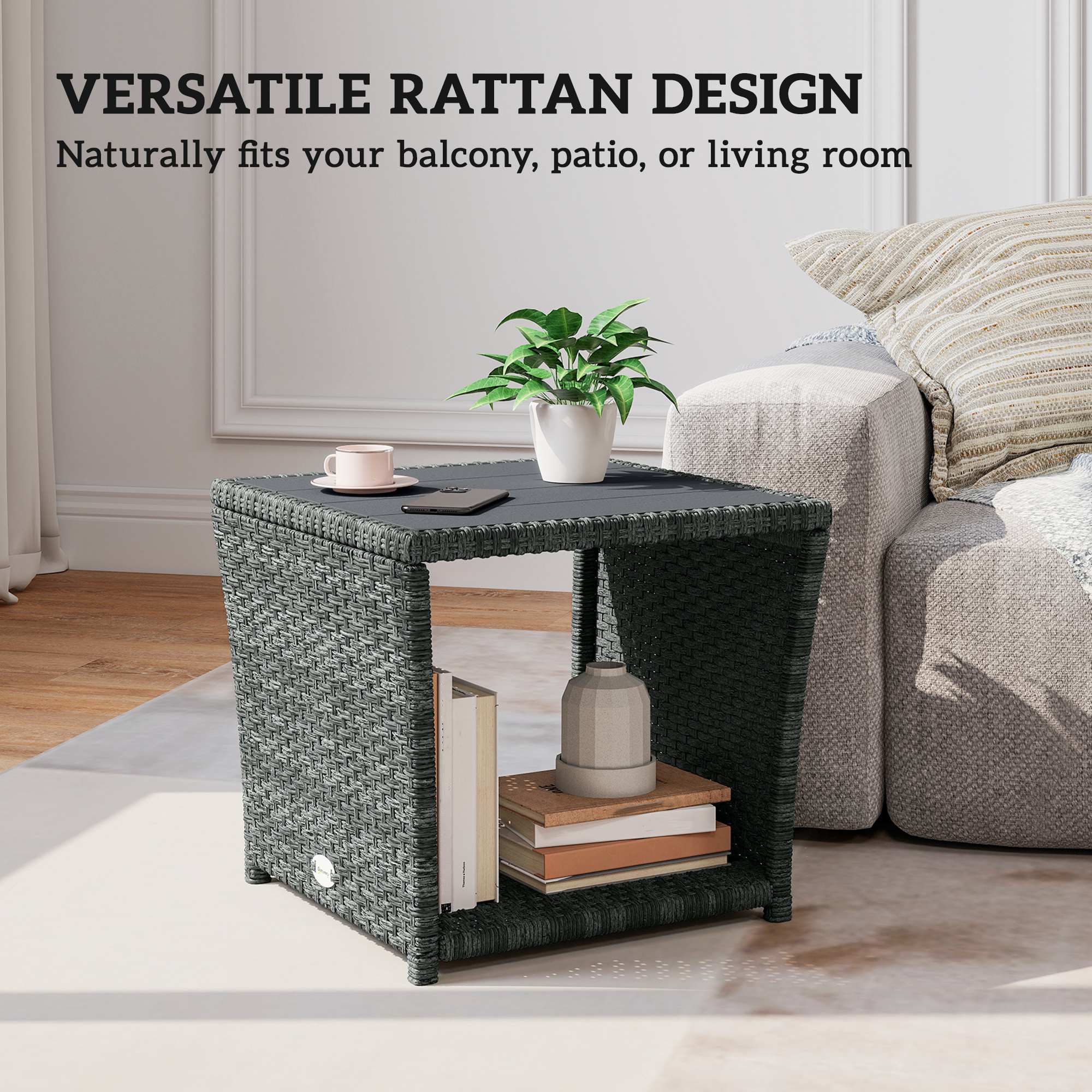 2-Tier PE Rattan Side Table with Storage Shelf, Grey - Image 10