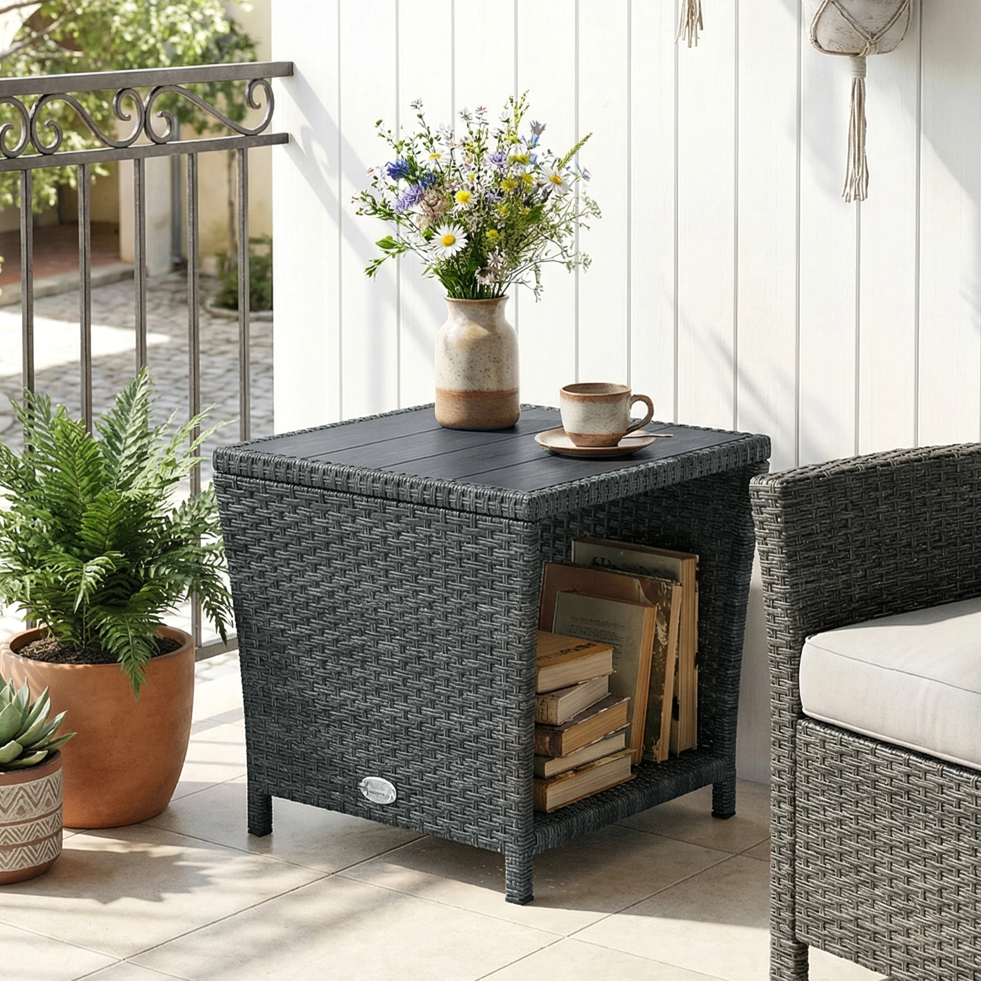 2-Tier PE Rattan Side Table with Storage Shelf, Grey - Image 11
