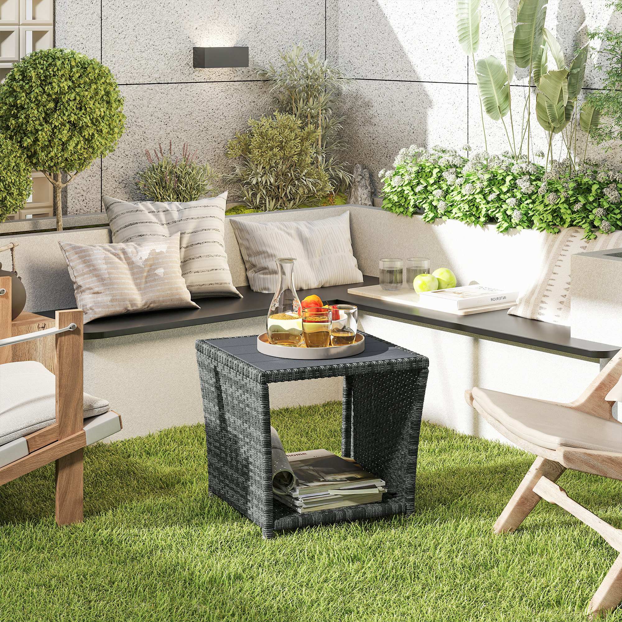 2-Tier PE Rattan Side Table with Storage Shelf, Grey - Image 3