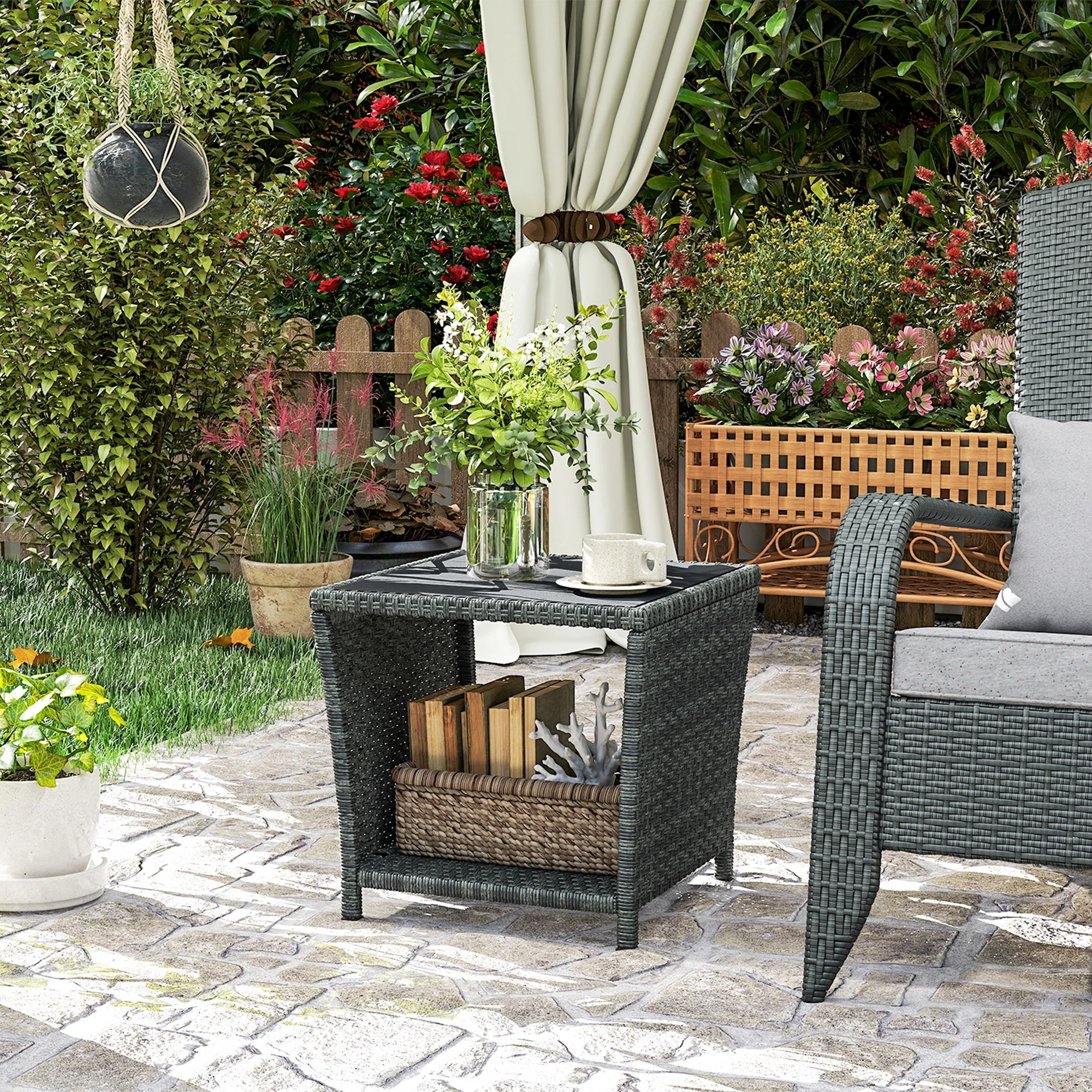 2-Tier PE Rattan Side Table with Storage Shelf, Grey - Image 4