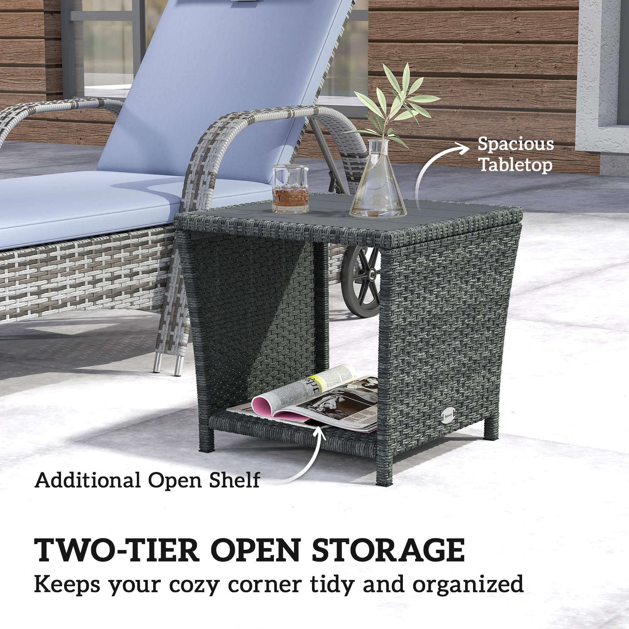 2-Tier PE Rattan Side Table with Storage Shelf, Grey - Image 6