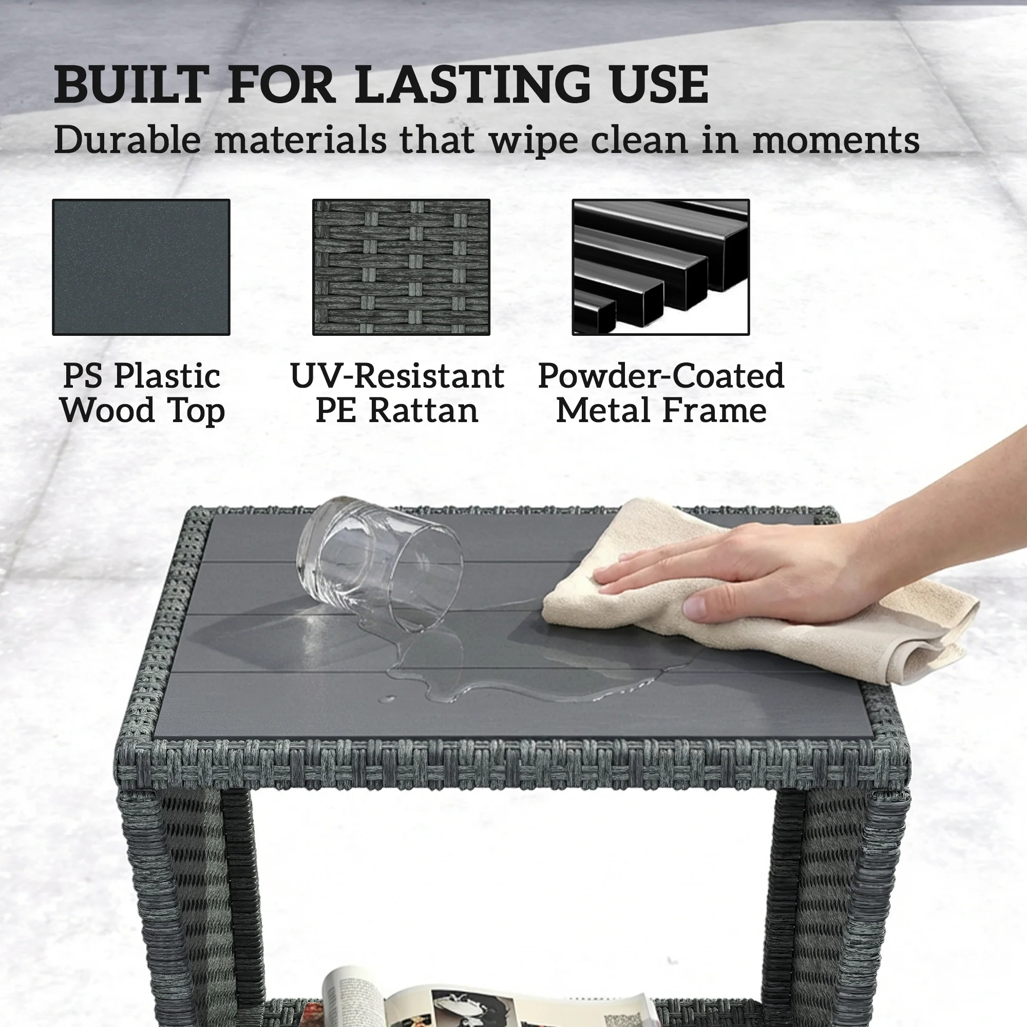 2-Tier PE Rattan Side Table with Storage Shelf, Grey - Image 7
